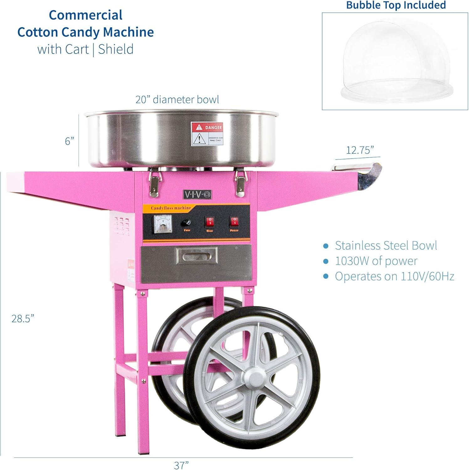 Vivo Electric Commercial Cotton Candy Machine with Cart and Bubble Shield