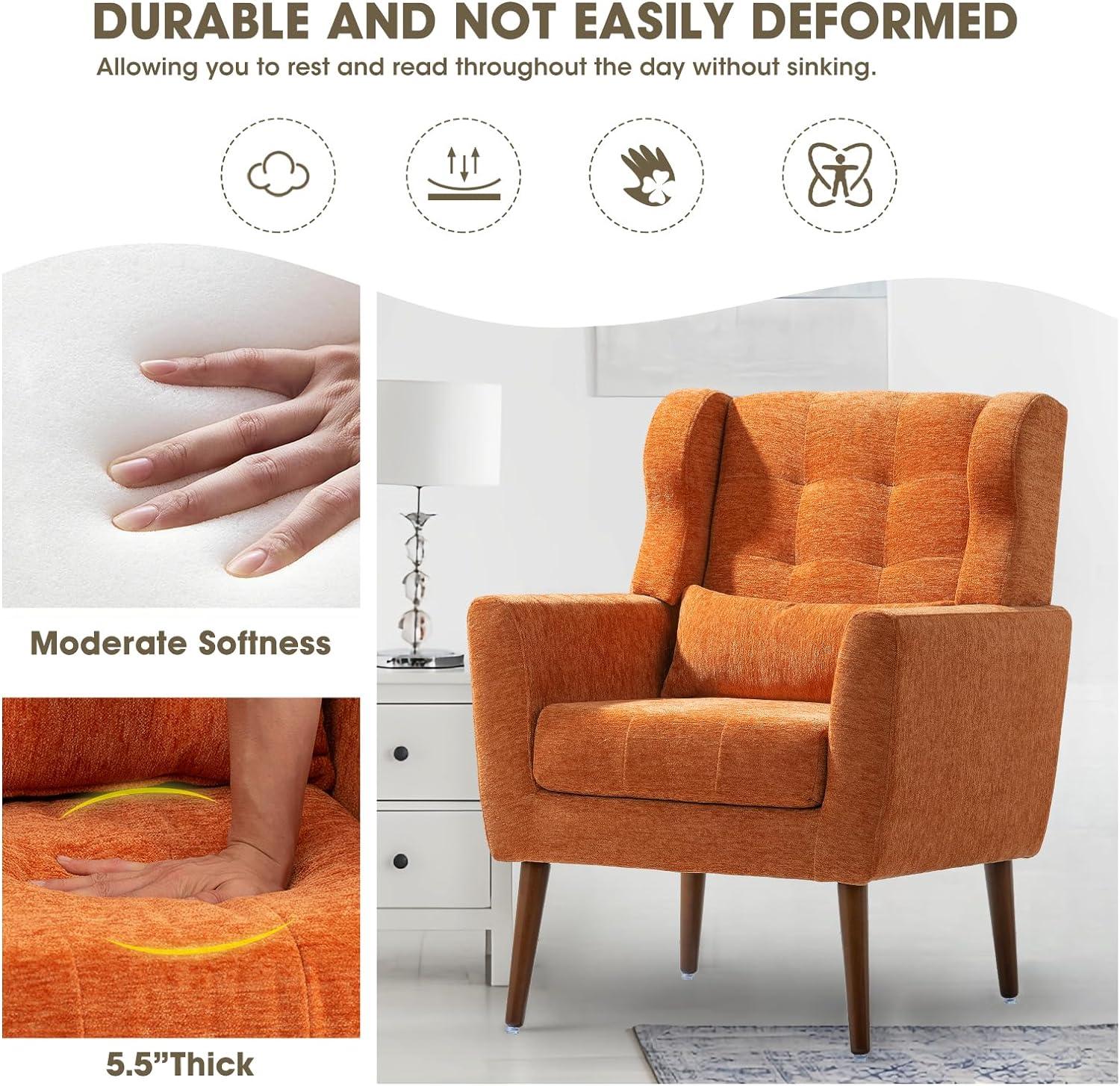 HSUNNS Accent Chair, Chenille Armchair with Pillow and Solid Wood Legs, Ergonomic Design Upholstered Reading Armchair for Bedroom and Reception Room, Comfy Soft Padded Lounge Chair, Orange