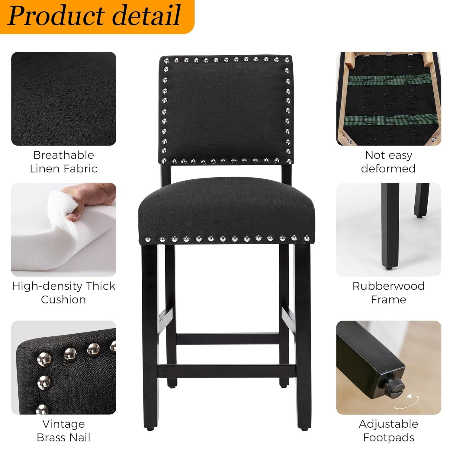 LSSBOUGHT Counter Height Barstools Linen Fabric Upholstered Counter Stool with Rubber Wood Legs Nailed Trim Bar Chair for Kitchen Island (Black, 2Pcs 24" Seat Height)