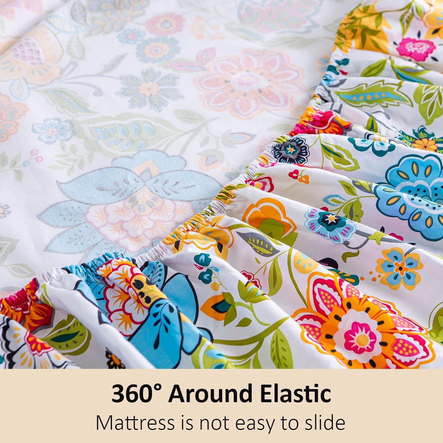 MEISHANG Queen Sheet Set - Floral Sheets Deep Pocket Ultra Soft Brushed Microfiber with Up to 16" Mattresses - Wrinkle Free - 4 Pieces(Queen,Spring Flower)