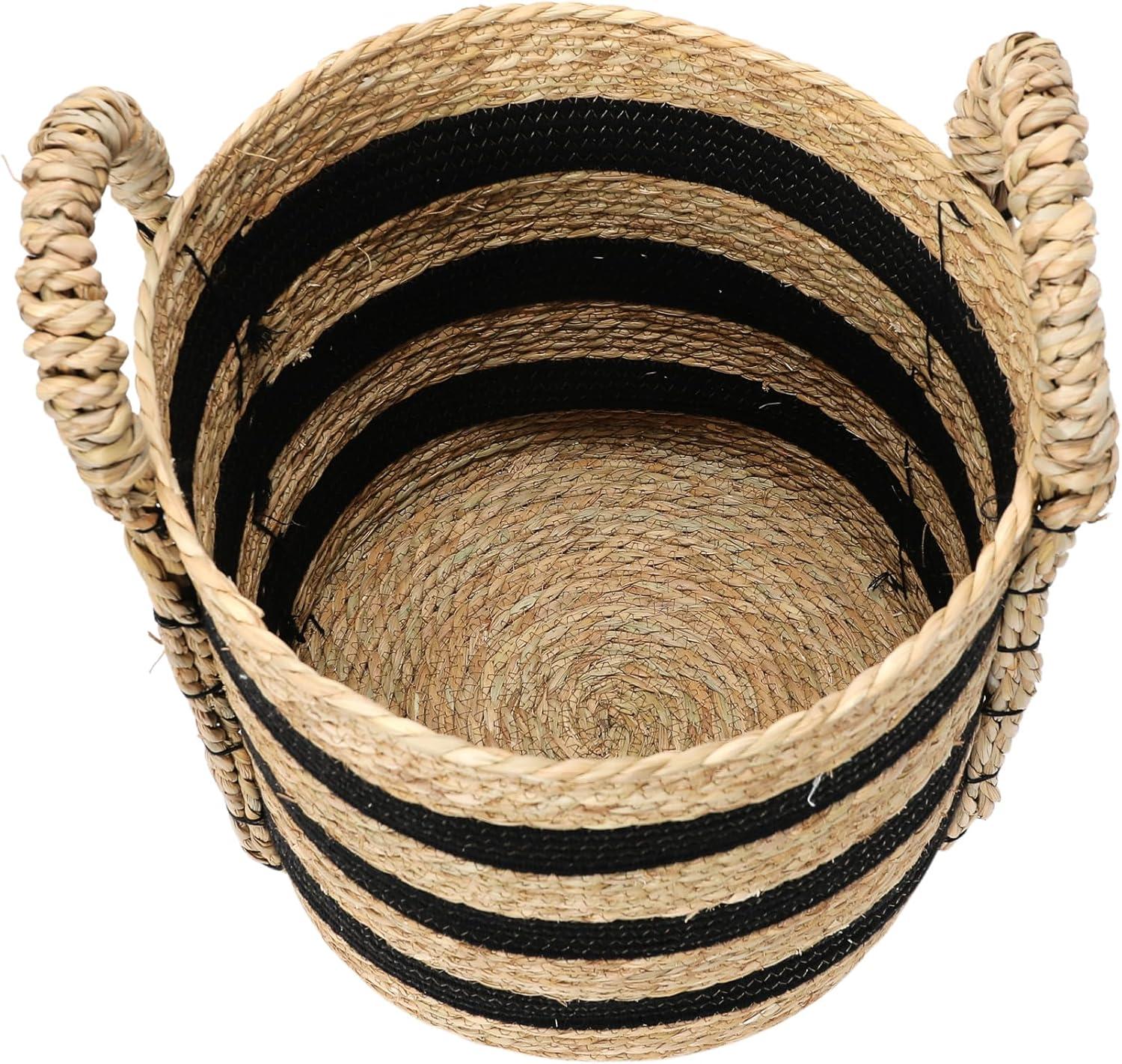 Household Essentials Braided Handle Basket Black/Natural: Large Round Seagrass Decorative Wicker Basket 20.1" Height