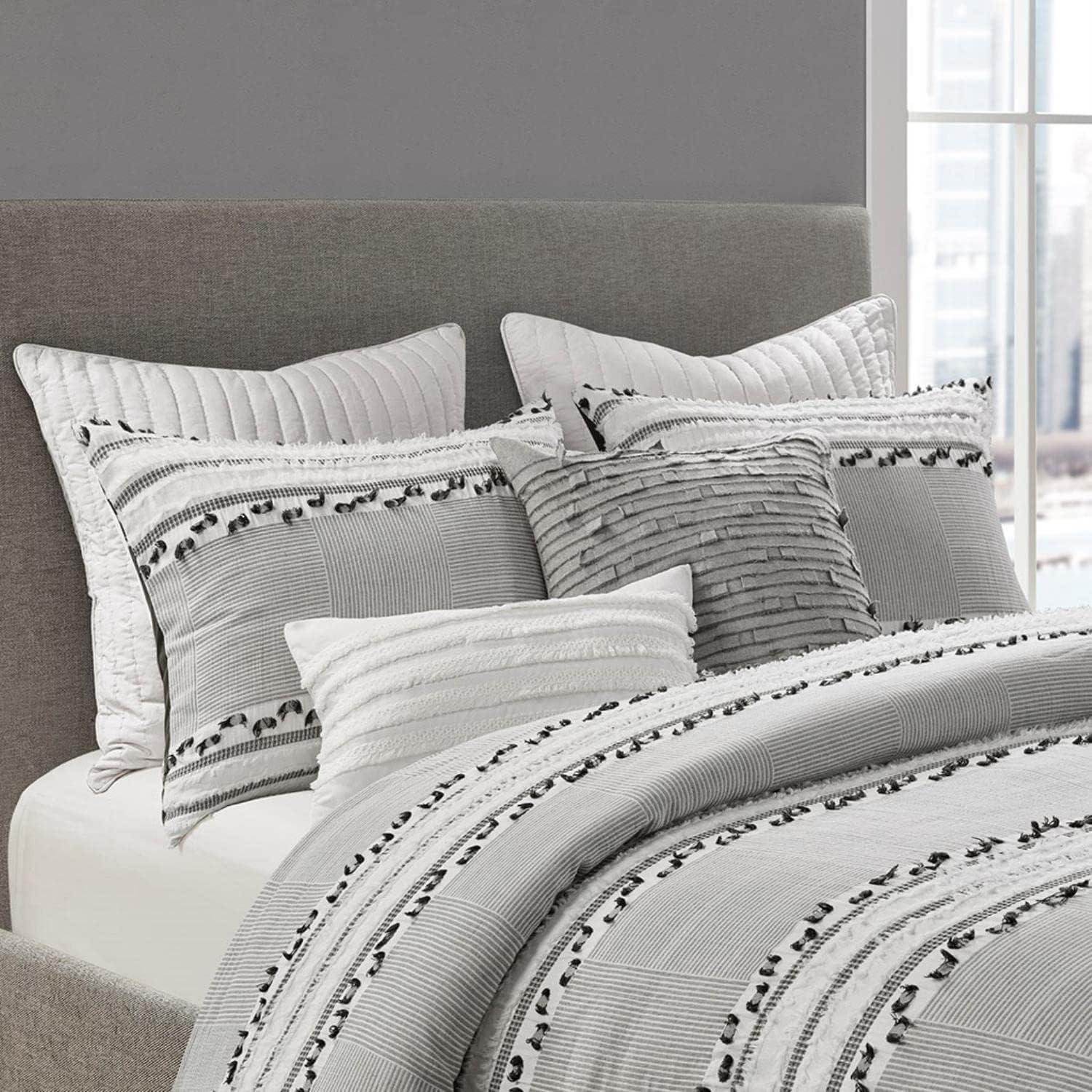 Full/QueenLennon Organic Cotton Jacquard Comforter Set Charcoal Gray: Farmhouse Style, OEKO-TEX Certified, 3-Piece Set