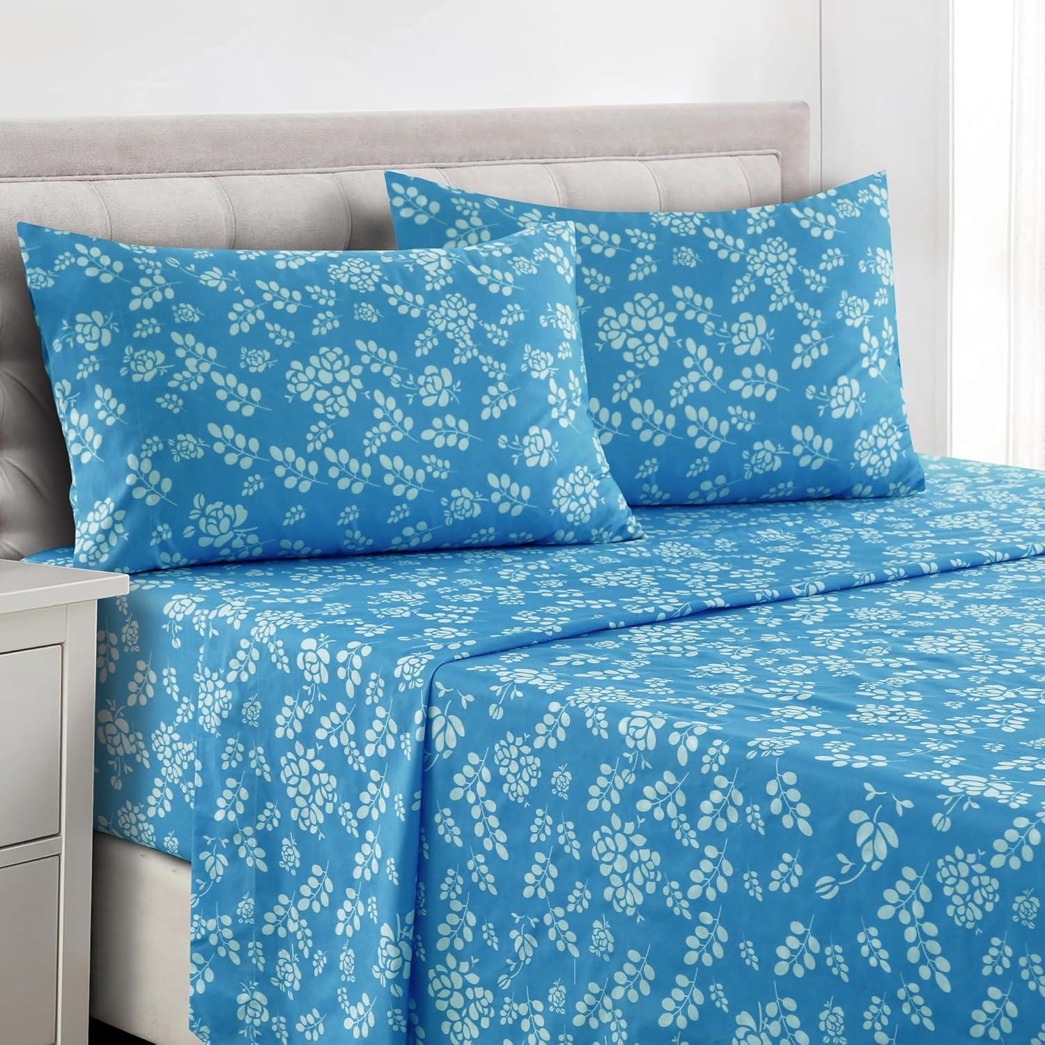 Blue Floral Microfiber Deep Pocket Queen Sheet Set