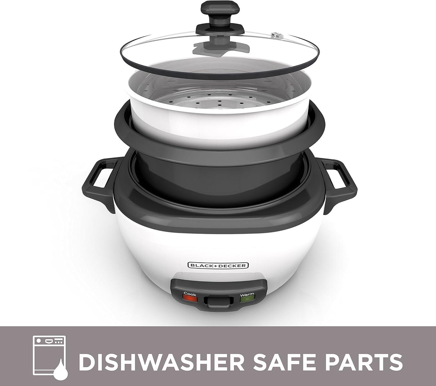 BLACK+DECKER 6-Cup Rice Cooker, RC506, 3-cup Uncooked Rice, Steaming Basket, Removable Non-Stick Bowl, One Touch