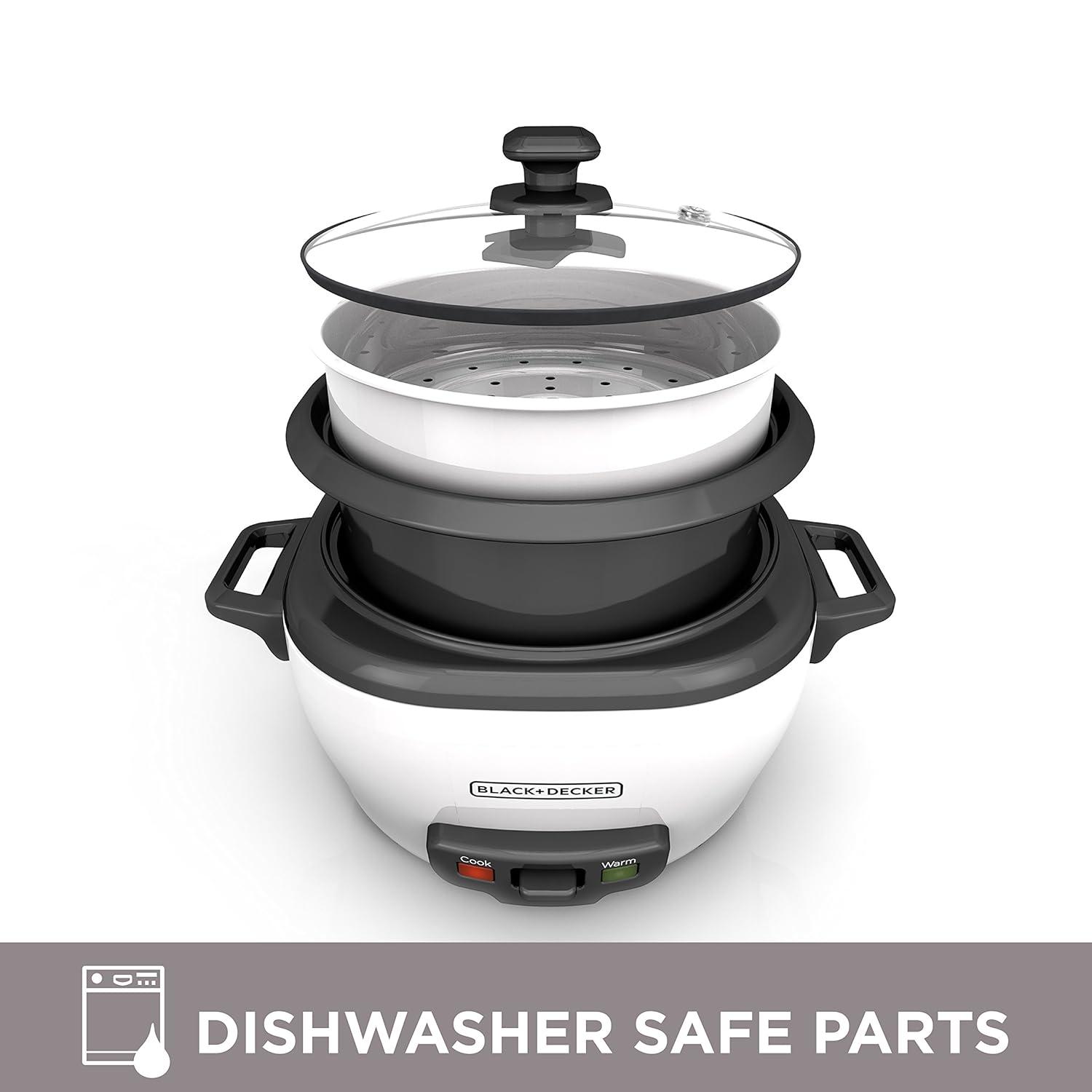 BLACK+DECKER 6-Cup Rice Cooker, RC506, 3-cup Uncooked Rice, Steaming Basket, Removable Non-Stick Bowl, One Touch