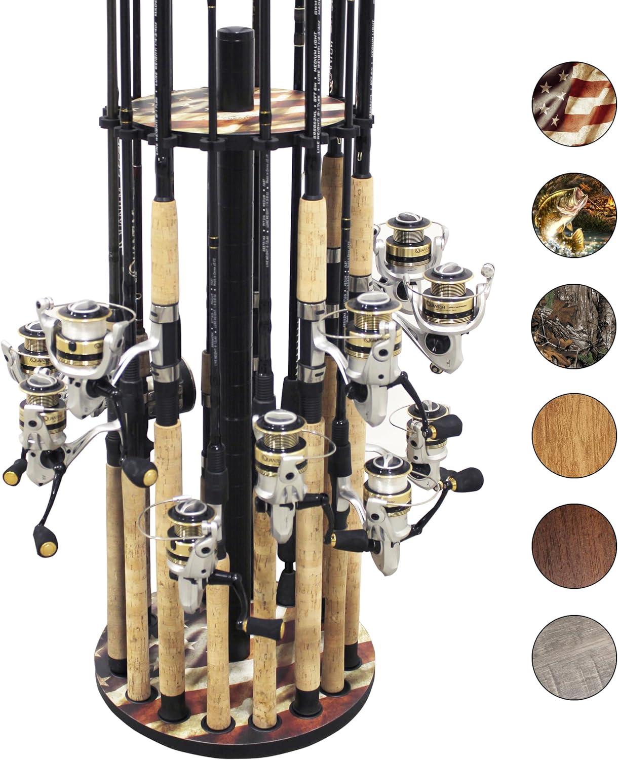 Rush Creek Creations 16 Round Fishing Rod/Pole Storage Floor Rack Americana Finish - Features Heavy Duty Steel Post - No Tool Assembly