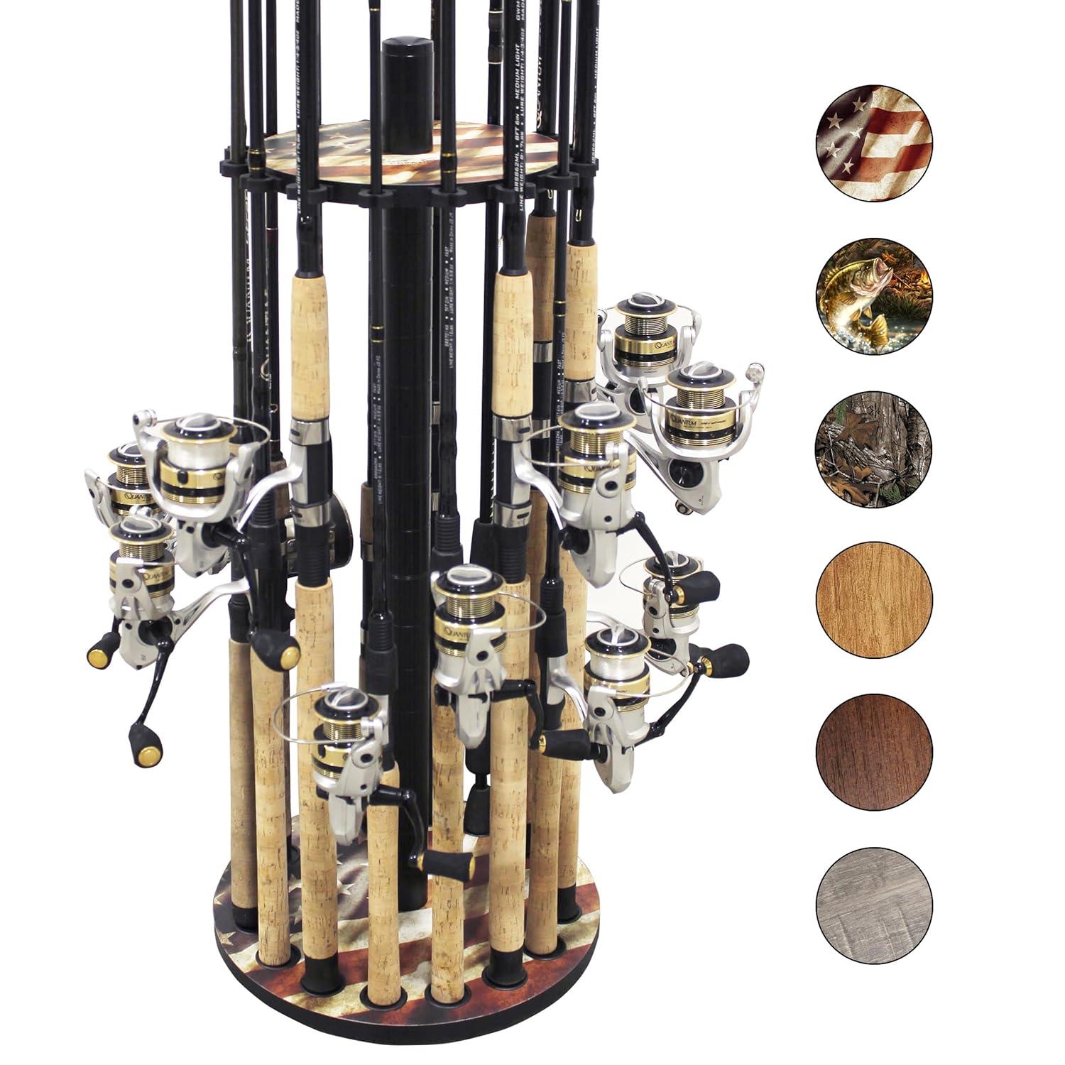 Rush Creek Creations 16 Round Fishing Rod/Pole Storage Floor Rack Americana Finish - Features Heavy Duty Steel Post - No Tool Assembly