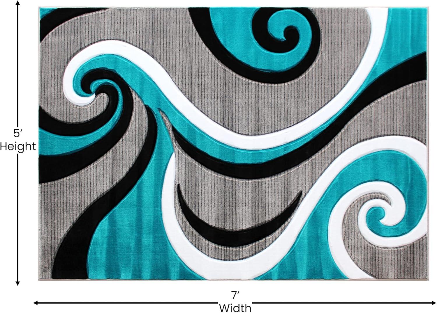 Flash Furniture Athos Rectangular Contemporary White, Black, Grey, Turquoise Area Rug, 5' x 7'