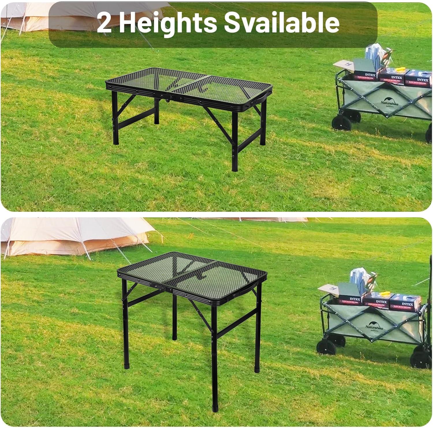 Folding Grill Table Camping Table with Mesh Desktop, Lightweight & Portable Outdoor Picnic Table, Height Adjustable Portable Grill Table for Outside Inside Use