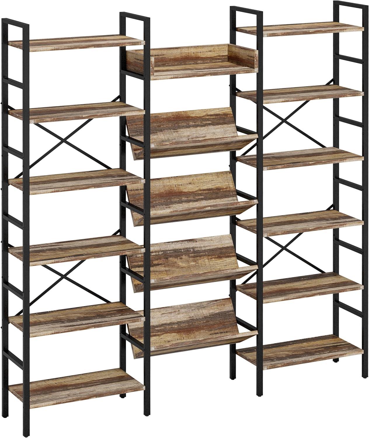 IRONCK Industrial Bookshelves Triple Wide 6 Tiers, Large Etagere Bookshelf Open Record Player Bookcase with Metal Frame for Living Room Home Office