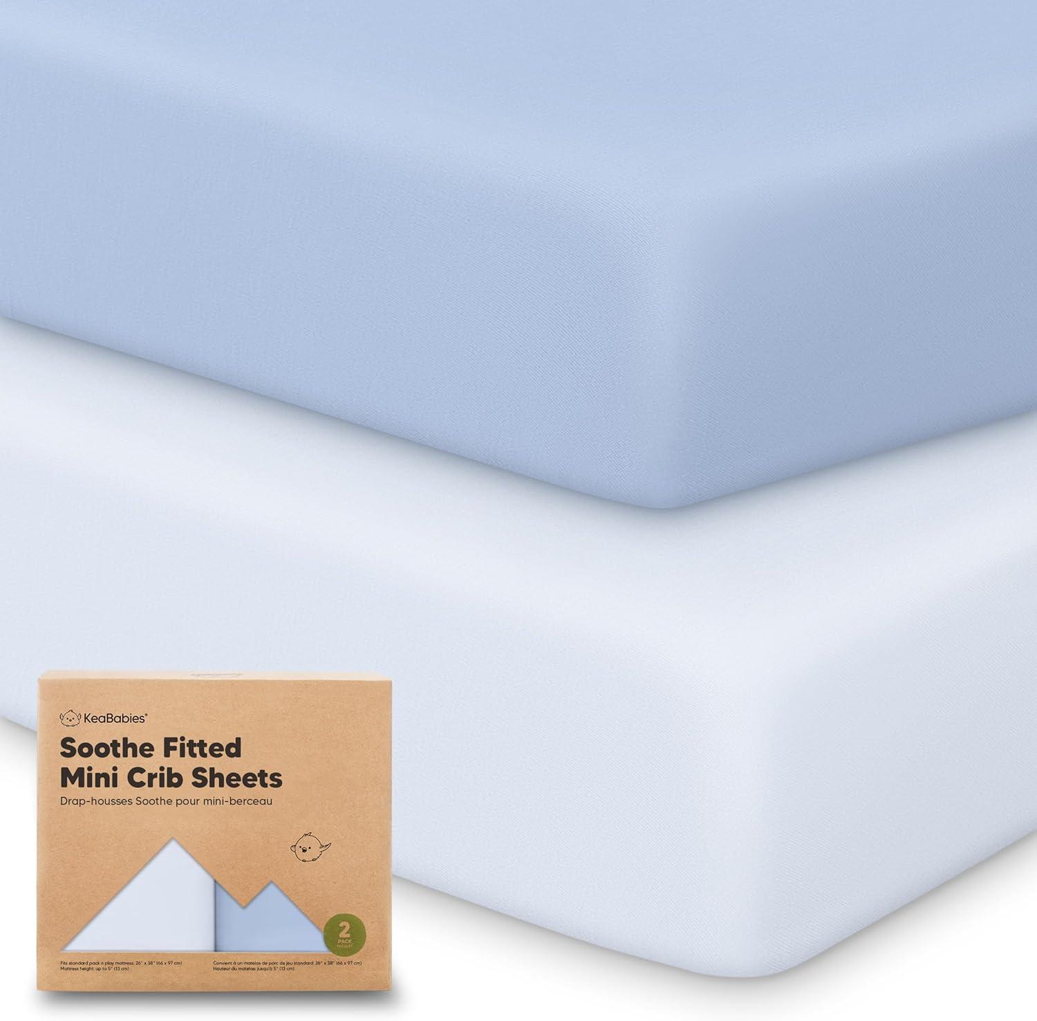 KeaBabies Mini Crib Sheets for Baby Girls, Boys, 2-Pack Soothe Pack and Play Sheets Fitted, Organic Pack N Play Mattress Sheet (Blue Flax)