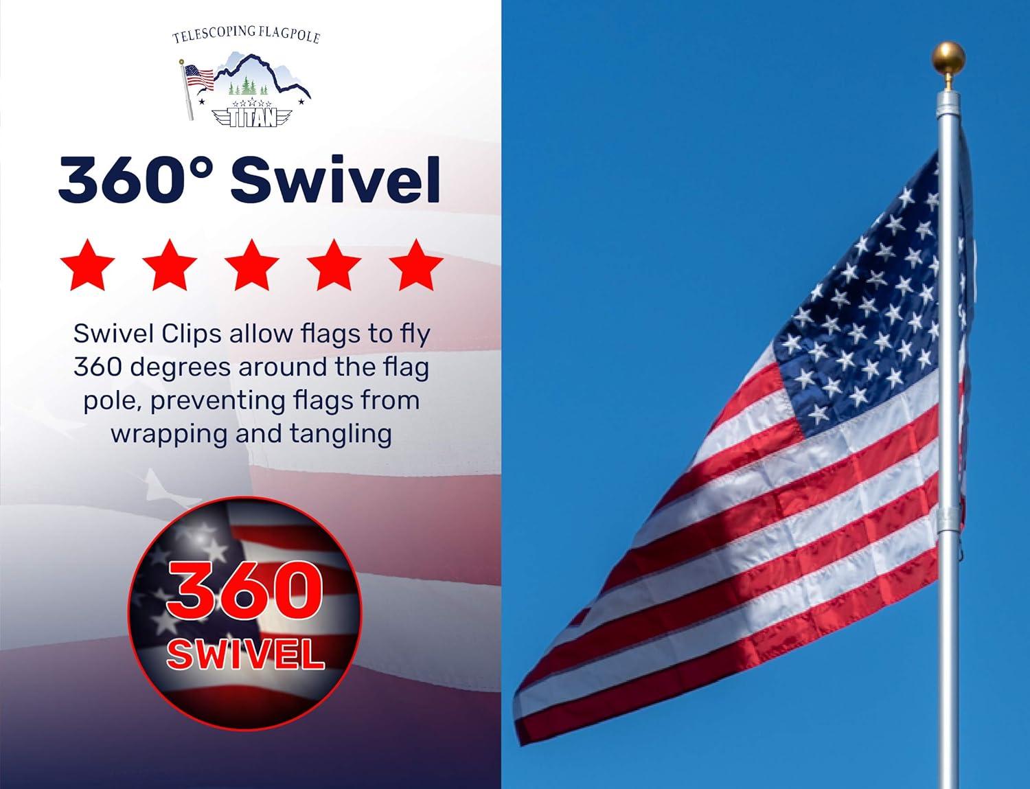 Titan Telescoping Flag Poles, 20ft Silver – Heavy Duty Flag Pole Kit, Includes Aluminum Telescoping Flag Pole, 4 x 6 American Flag, Hardware for 2 Flags and Detailed Installation Instructions