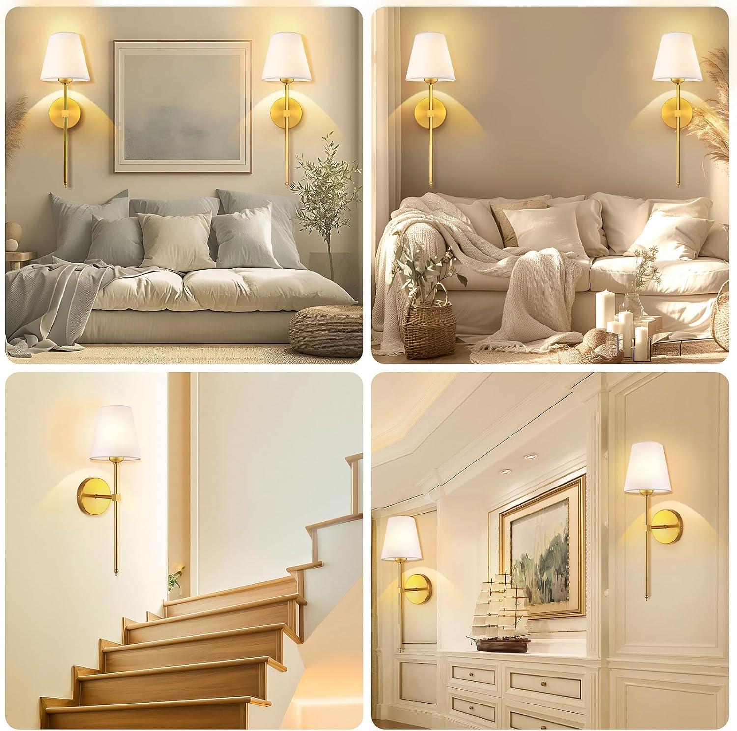 Gold and White Fabric Shade Wall Sconce Set of 2