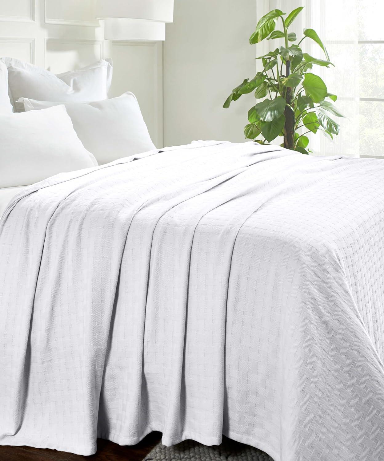 Superior Basketweave All-Season Cotton Blanket, Throw (Non-Standard), White