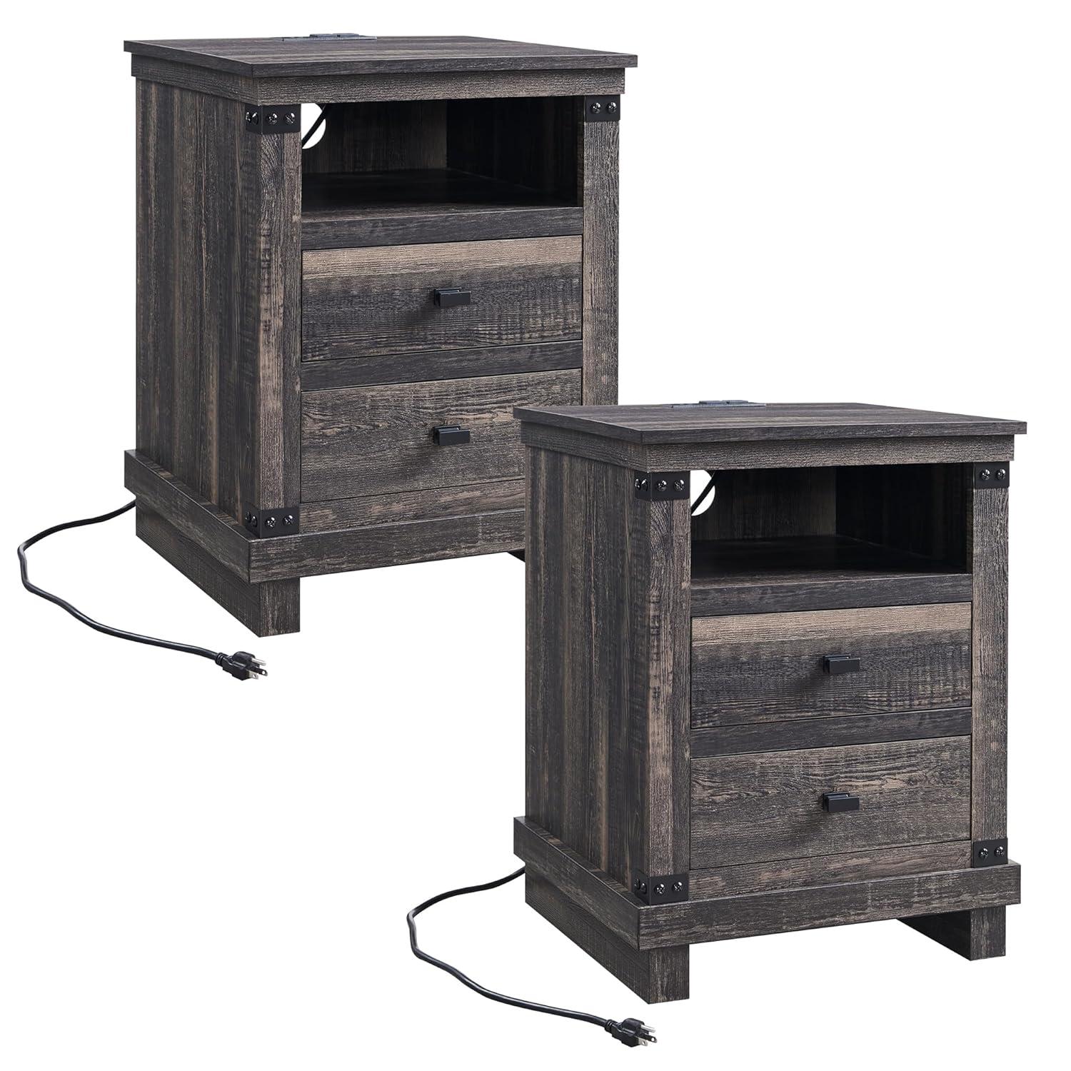 SinCiDo Nightstand with Charging Station, 18″ Farmhouse Night Stand with 2 Drawers, Wood Rustic End Table, Antique White