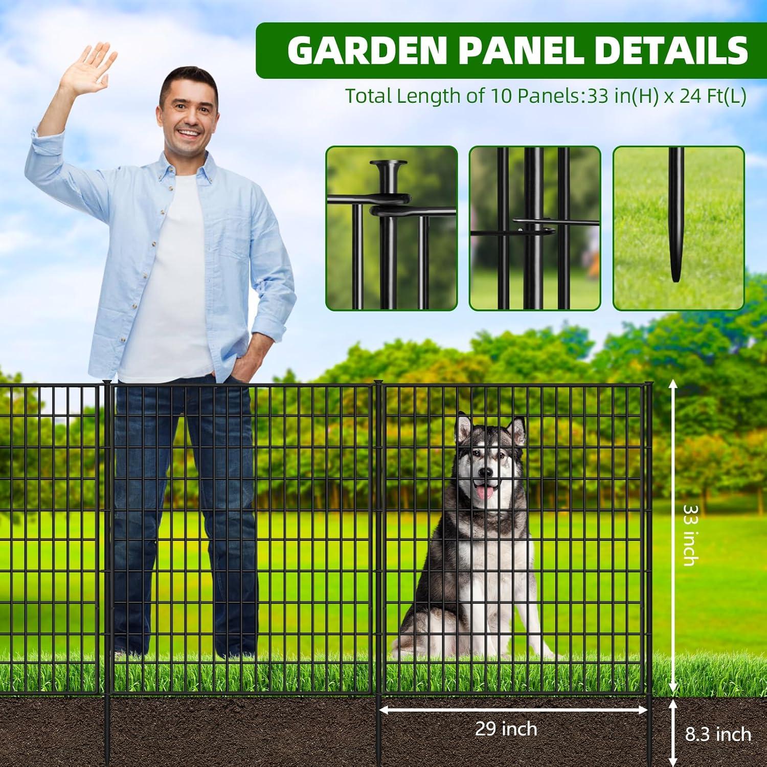 10 Panels Garden Fencing Animal Barrier, 33 in(H) X 24 ft(L) Dog Fence Outdoor for Yard Rustproof No Dig Decorative Tall Garden Fence Metal Wire Panel Border Patio Rabbit Ground Stakes Fencing