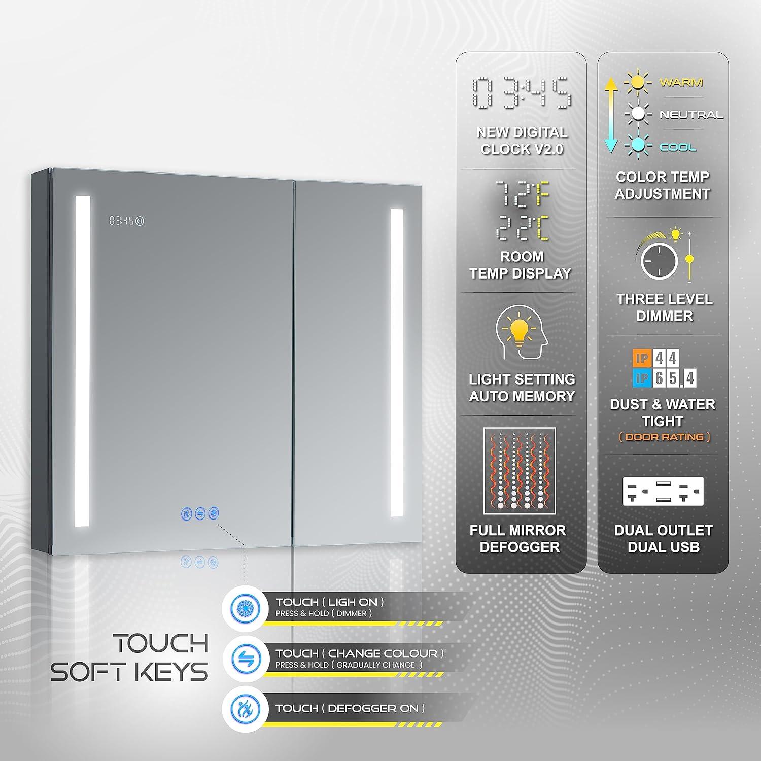 Aura 36x30 LED Mirror Medicine Cabinet with Defogger and USB Ports