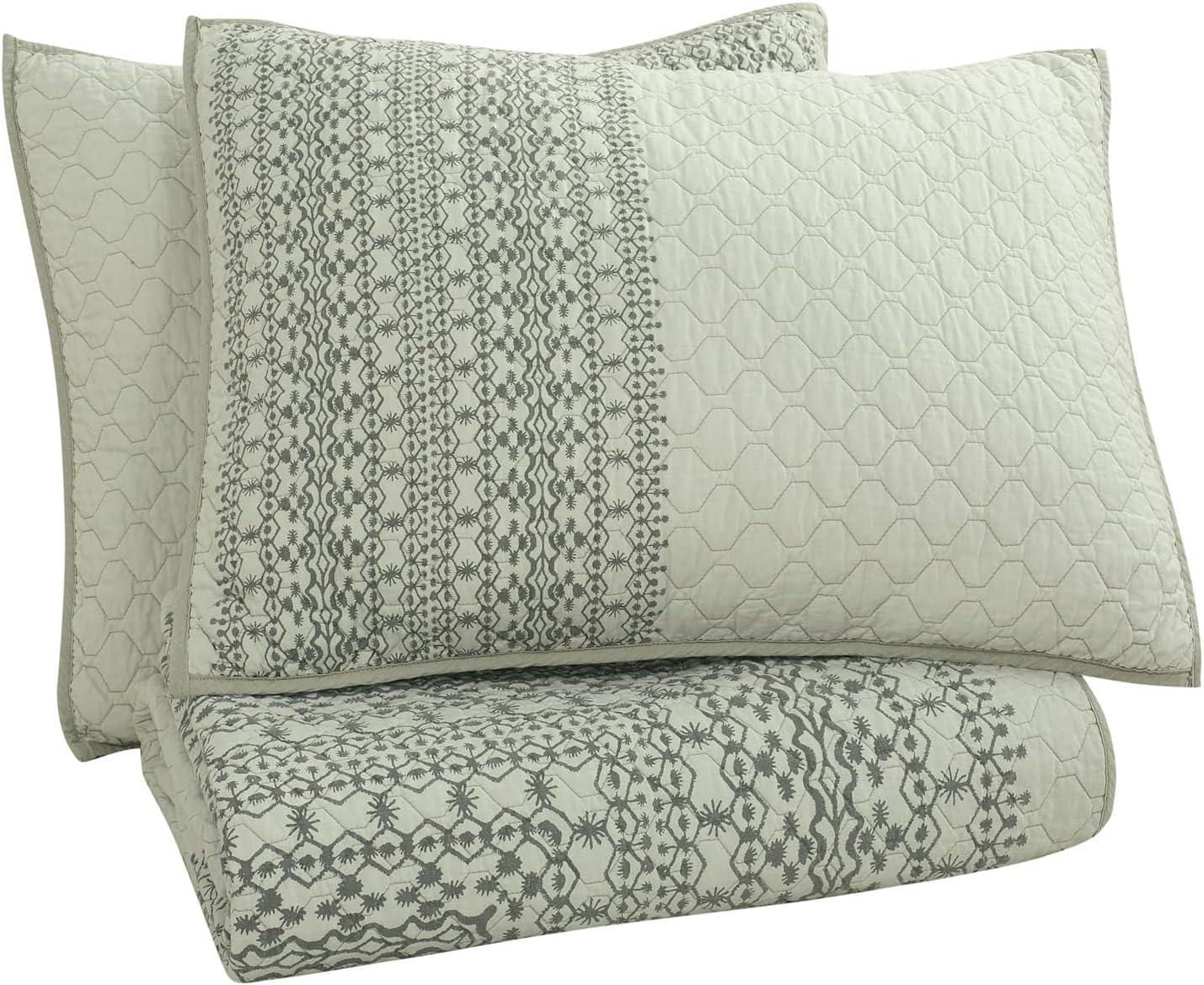 Gingko Gray Standard Cotton Reversible 3 Piece Quilt Set