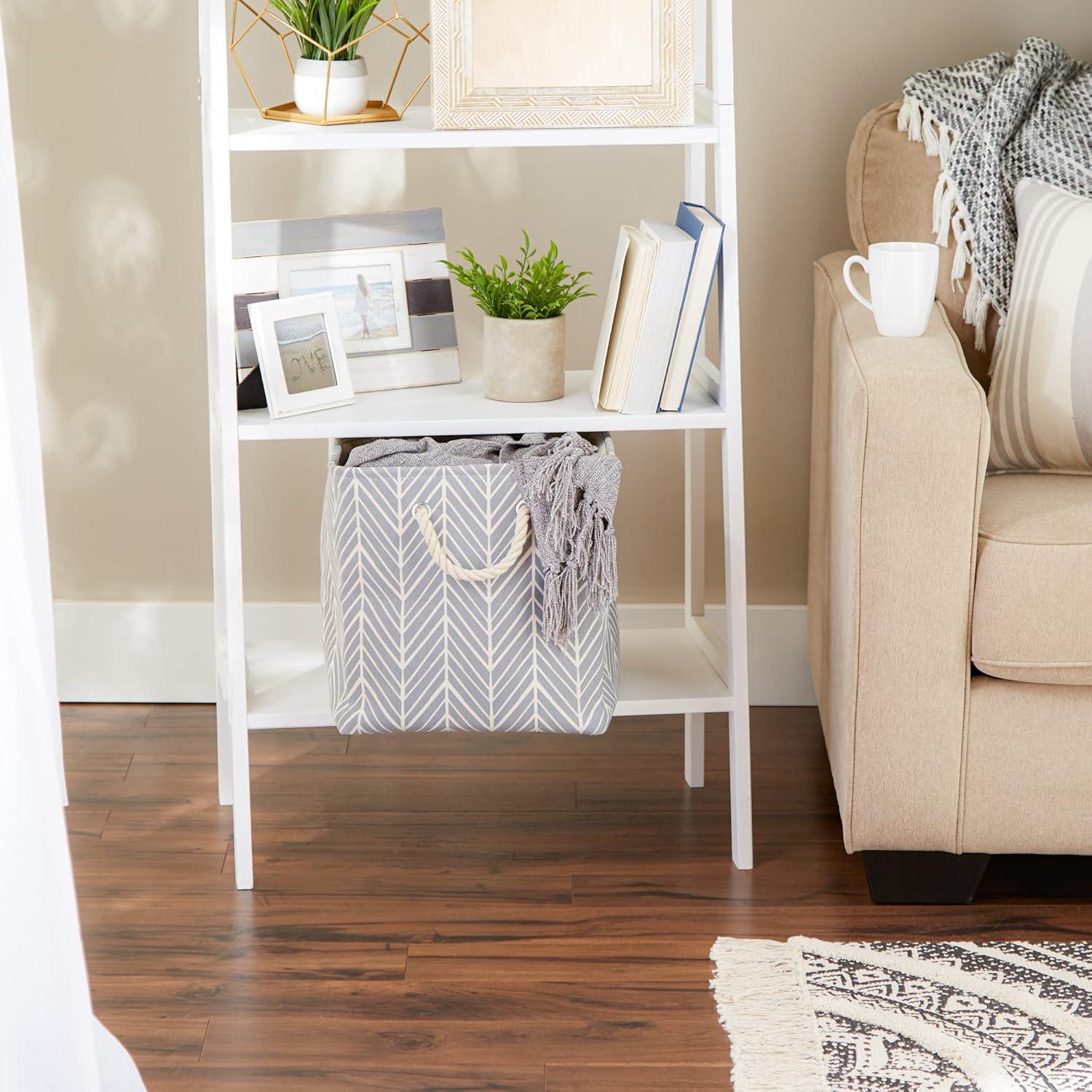 Gray Herringbone Fabric Cube Storage Bin with Rope Handles