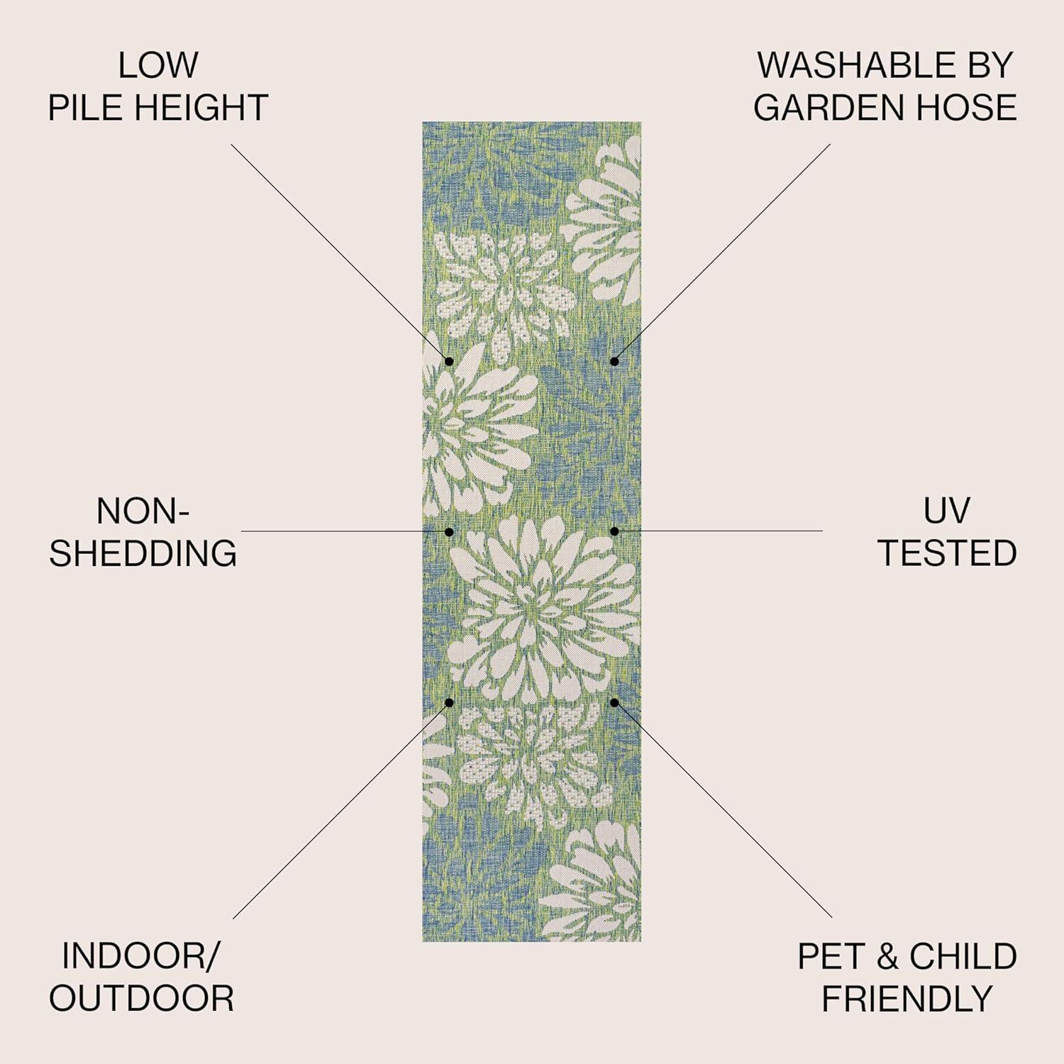 2' x 10' Zinnia Modern Floral Textured Weave Indoor/Outdoor Runner Rug, Cream/Green - JONATHAN Y