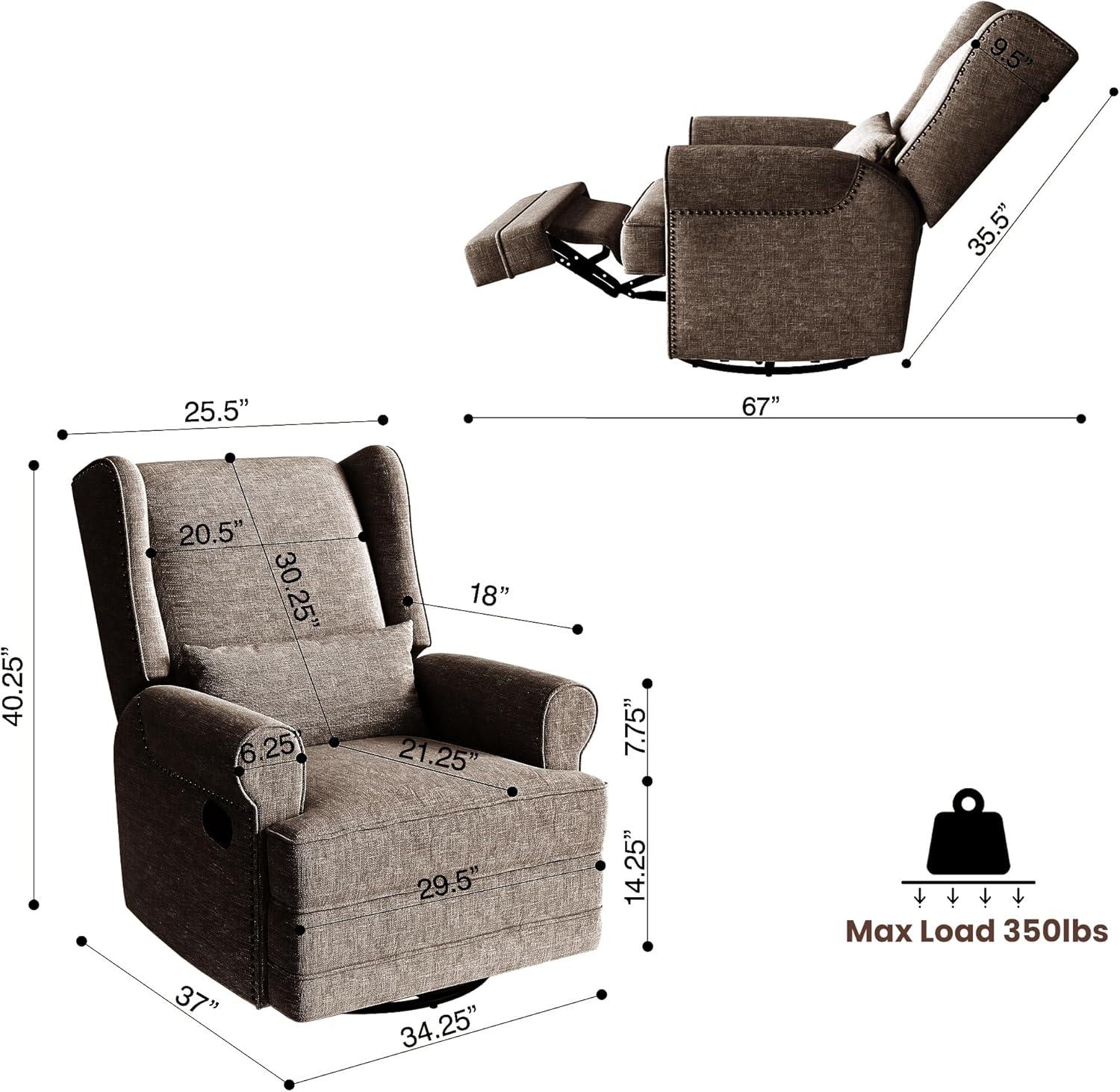 RoyalCraft Swivel Recliner Chair, Comfy Glider Rocking Chairs with Lumbar Pillow and Footrest, Upholstered Swivel Rocking Chair for Bedroom,Nursery,Brown