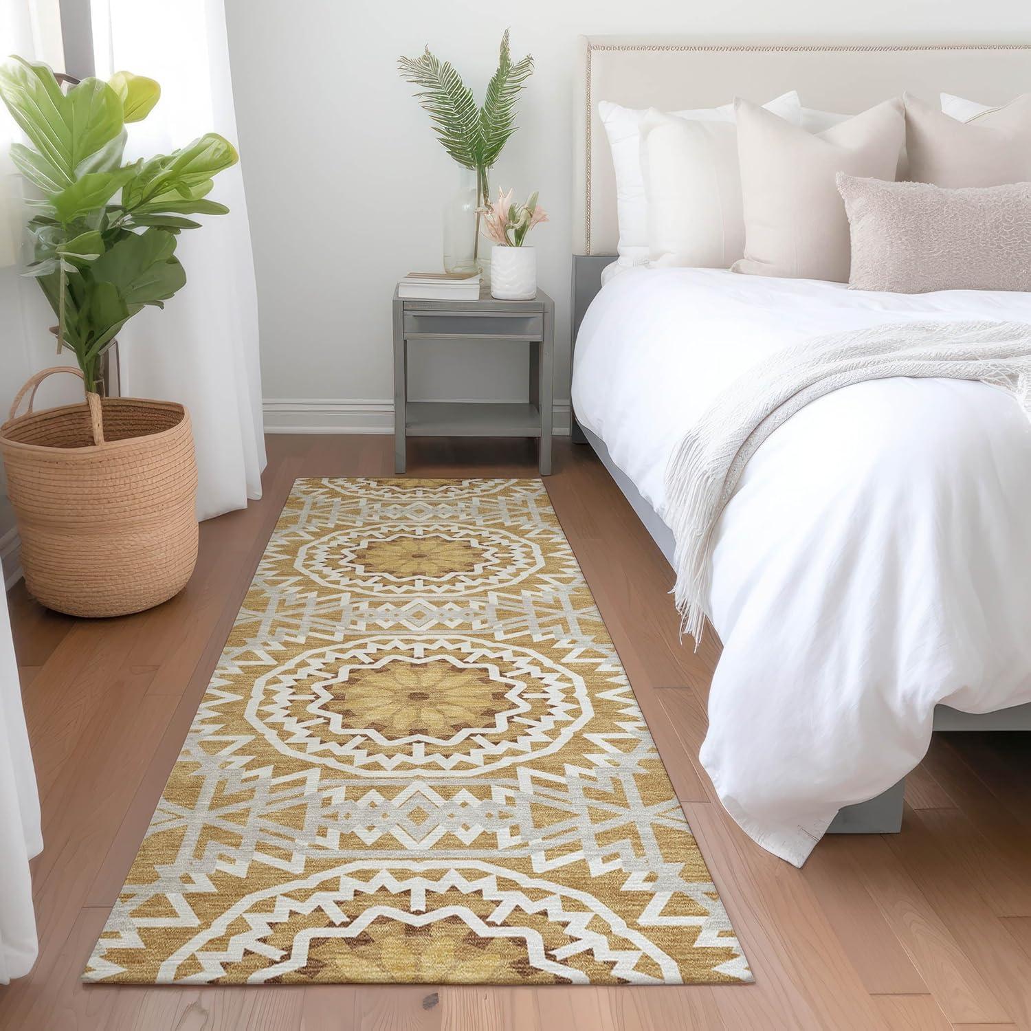 Gold and White Synthetic Flat Woven Runner Rug