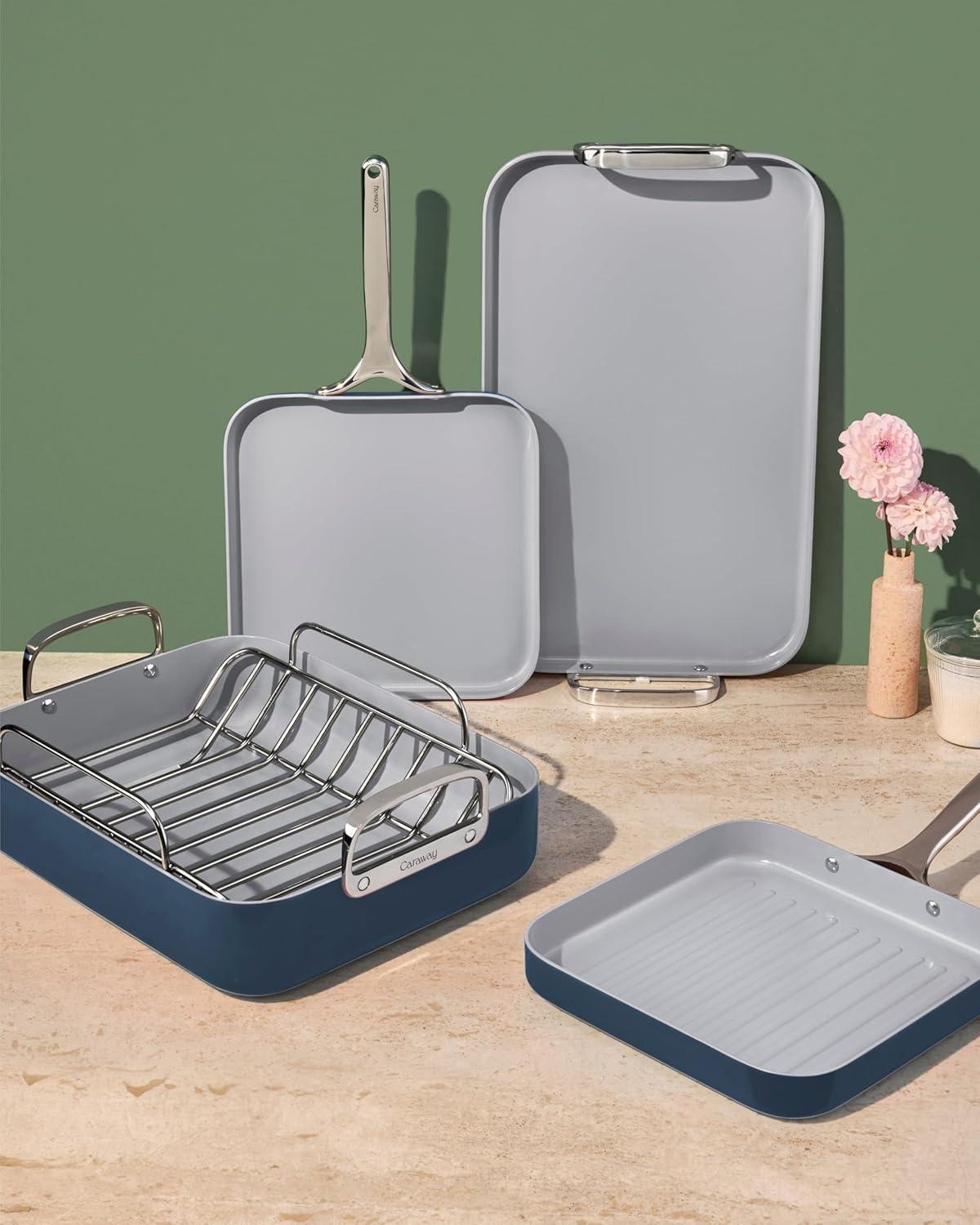 Caraway Home 7pc Square Cookware Set Marigold: Nonstick Ceramic, Silicone Polyester, Electric & Gas Compatible