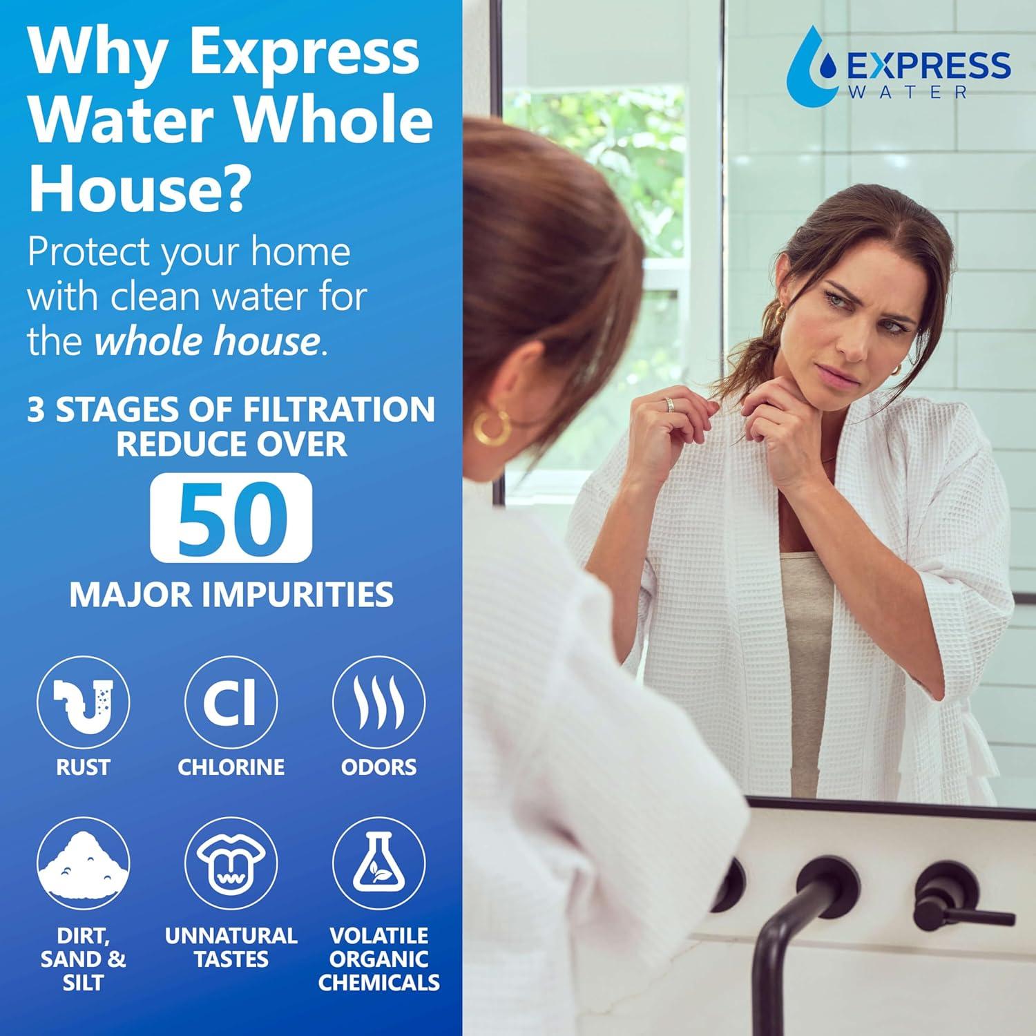 Express Water Whole House Water Filter – 3 Stage Home Water Filtration System – Sediment, Charcoal, Carbon Filters – includes Pressure Gauges, Easy Release, and 1” Inch Connections