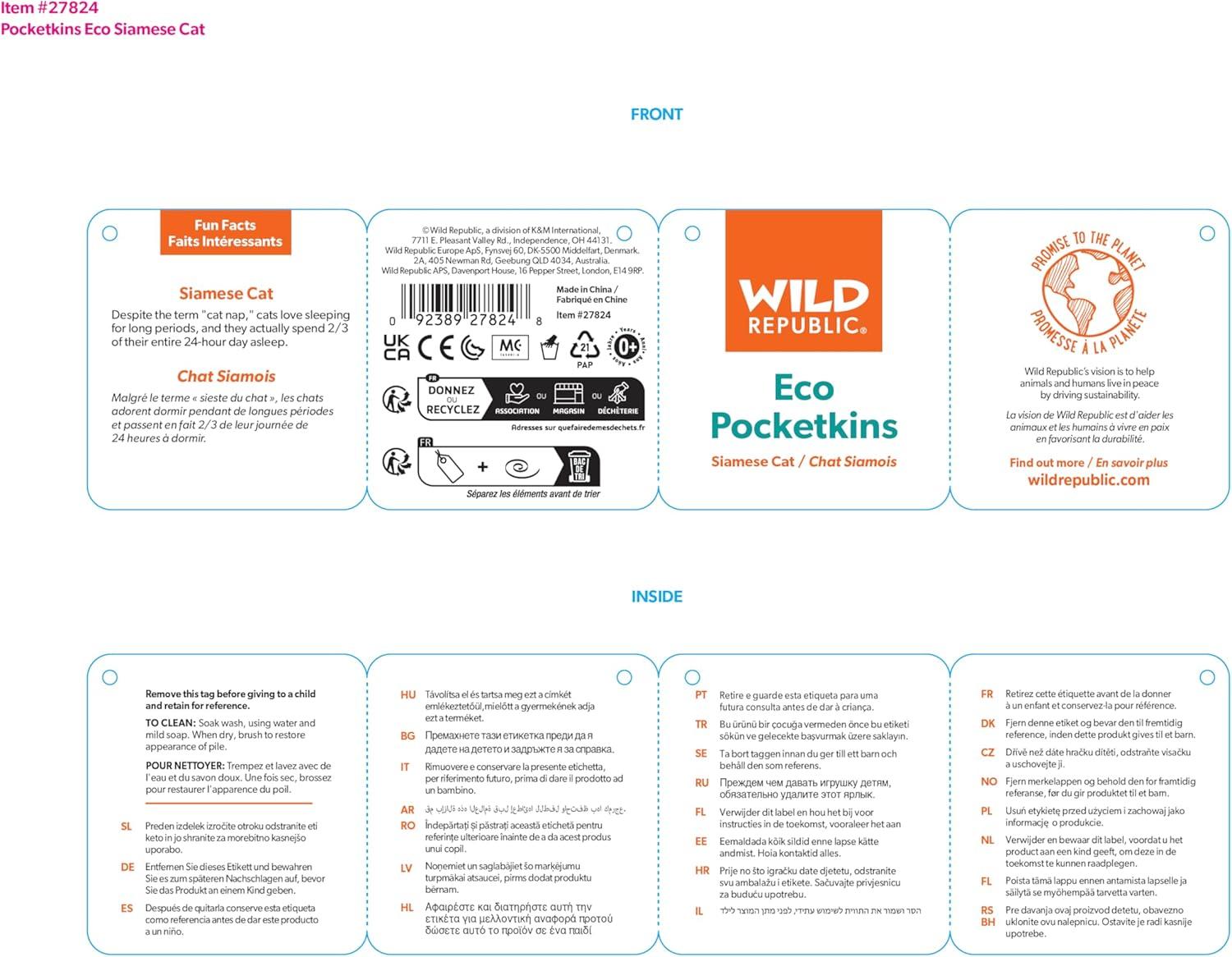 Wild Republic Pocketkins Eco Siamese Stuffed Animal, 5 Inches