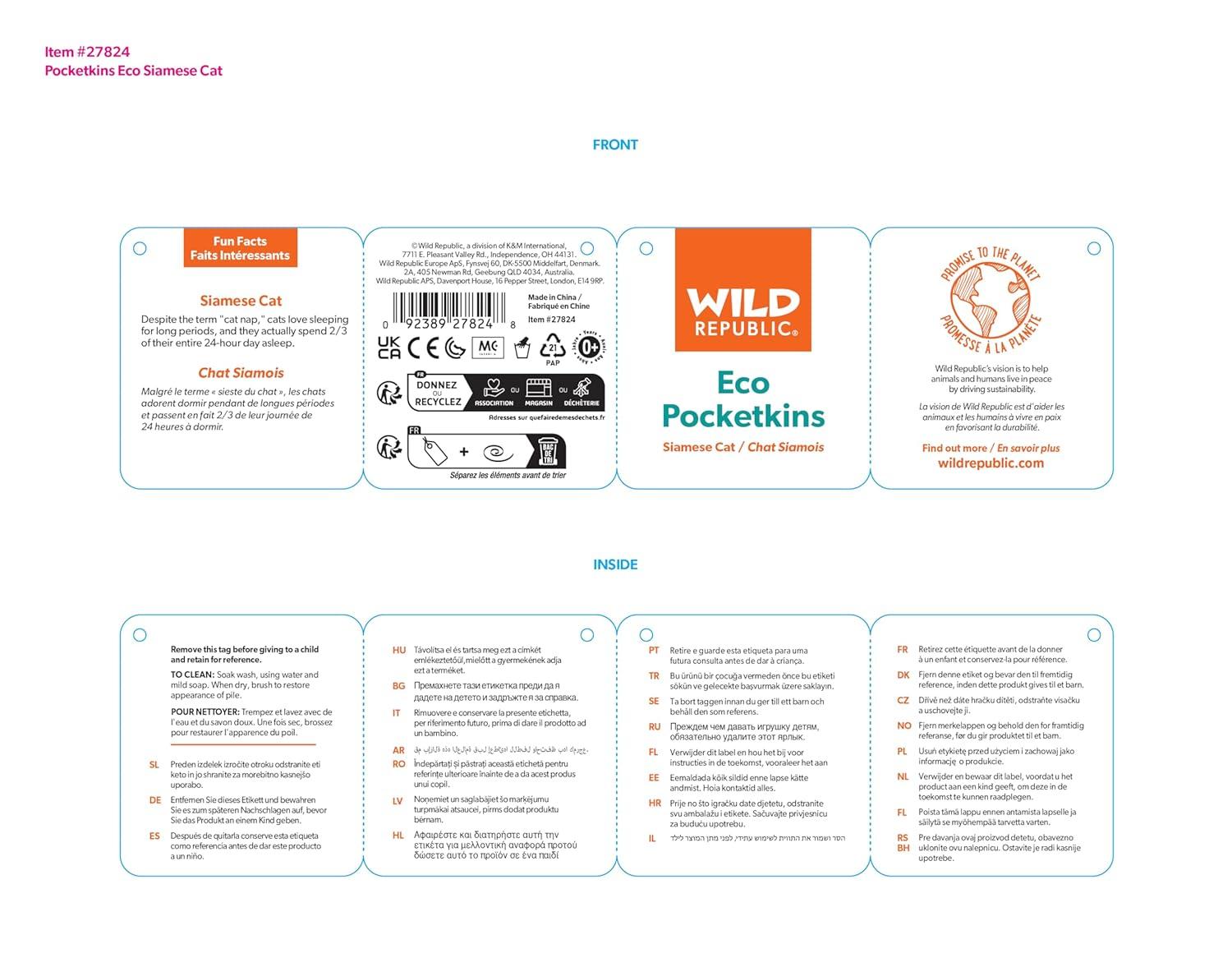 Wild Republic Pocketkins Eco Siamese Stuffed Animal, 5 Inches