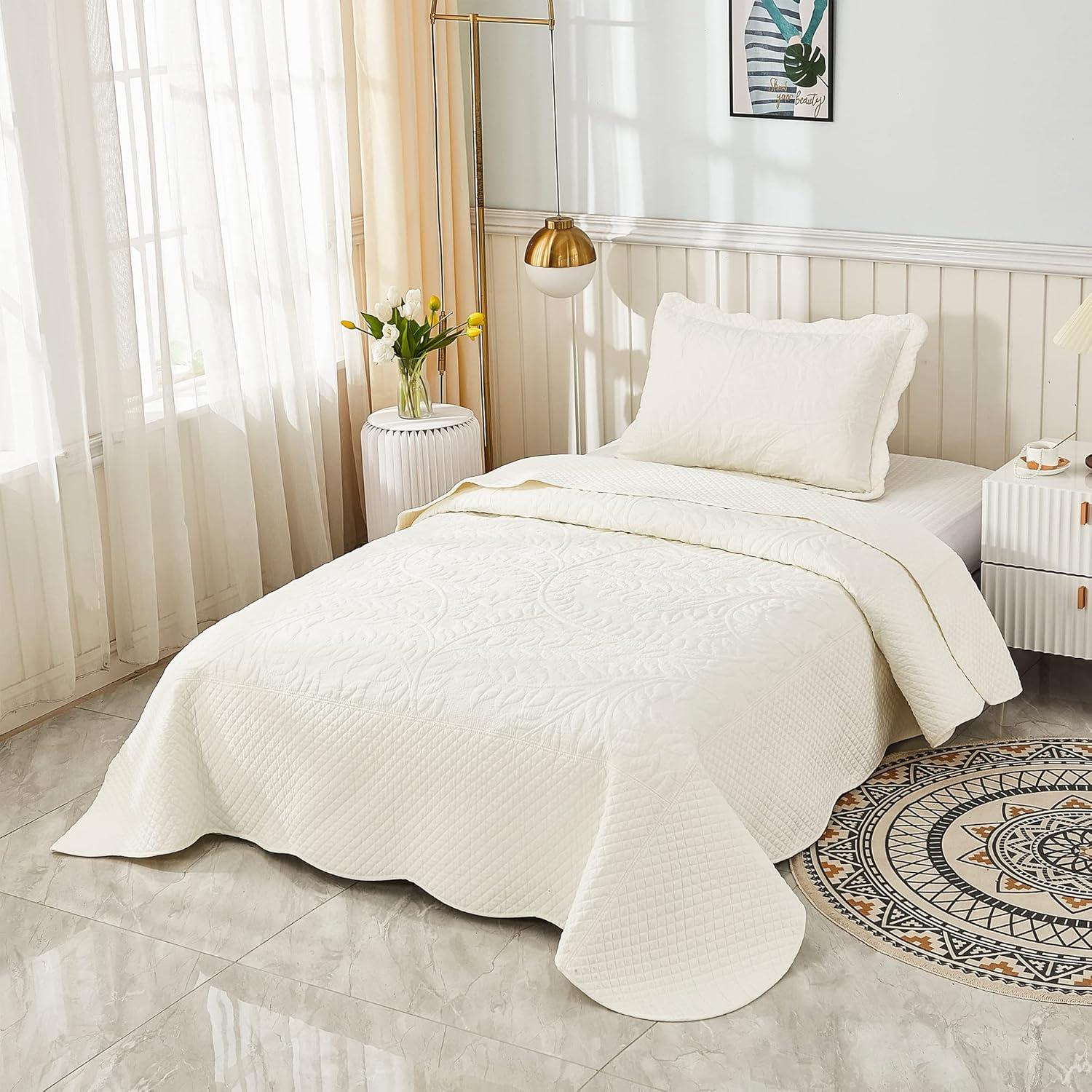 MarCielo  3 Piece Cotton Oversized Bedspread Quilt Set Tmonica Soft White - Twin