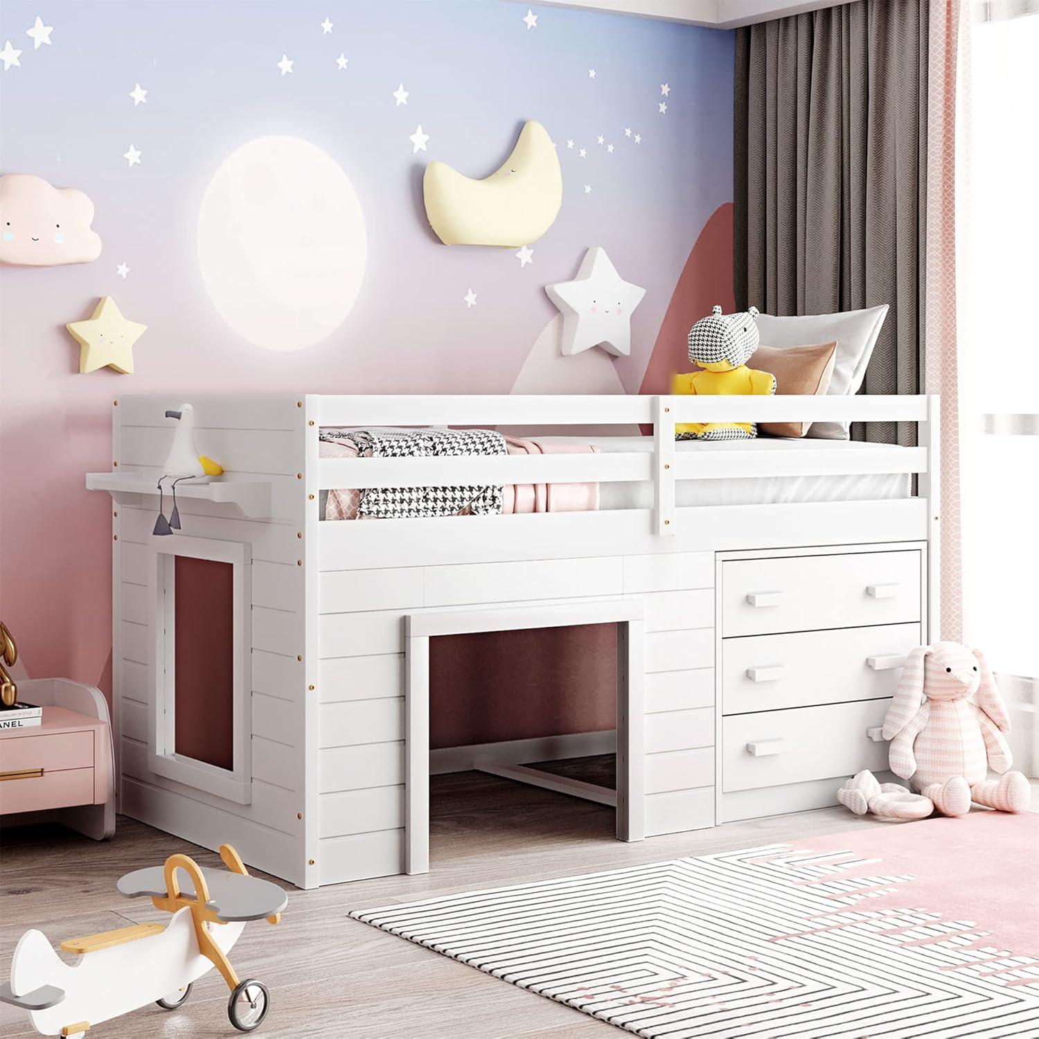 Harper & Bright Designs Low Loft Beds with Storage Drawers, Wooden Twin Loft Bed with Cabinet and Bedside Tray, Kids Loft Bed for Girls & Boys (Twin, White)