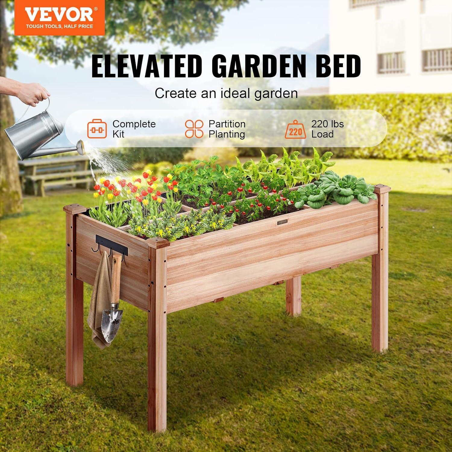 Natural Fir Wood Elevated Garden Bed with Tools and Liner