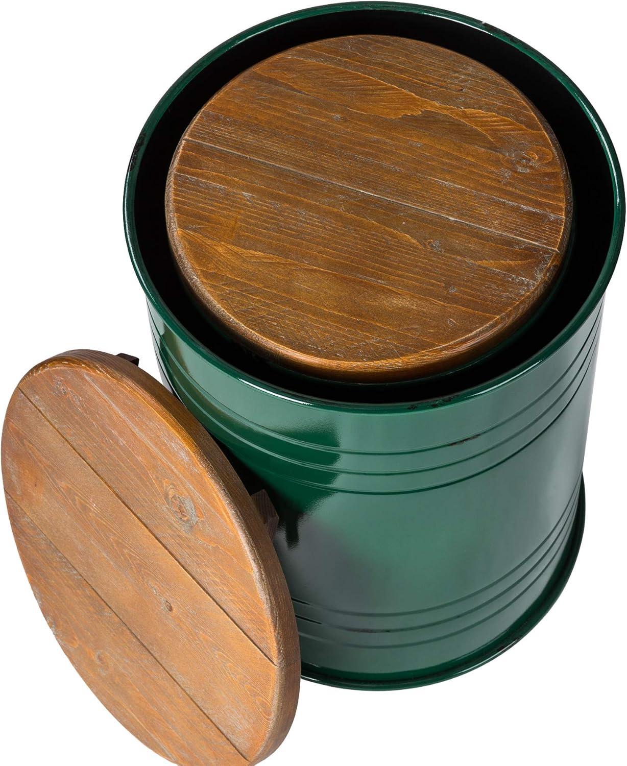 Glitzhome Rustic End Table Set of 2, Farmhouse Galvanized Metal Barrel Ottoman Storage Stool with Round Wood Lid for Living Room Furniture, Hunter Green