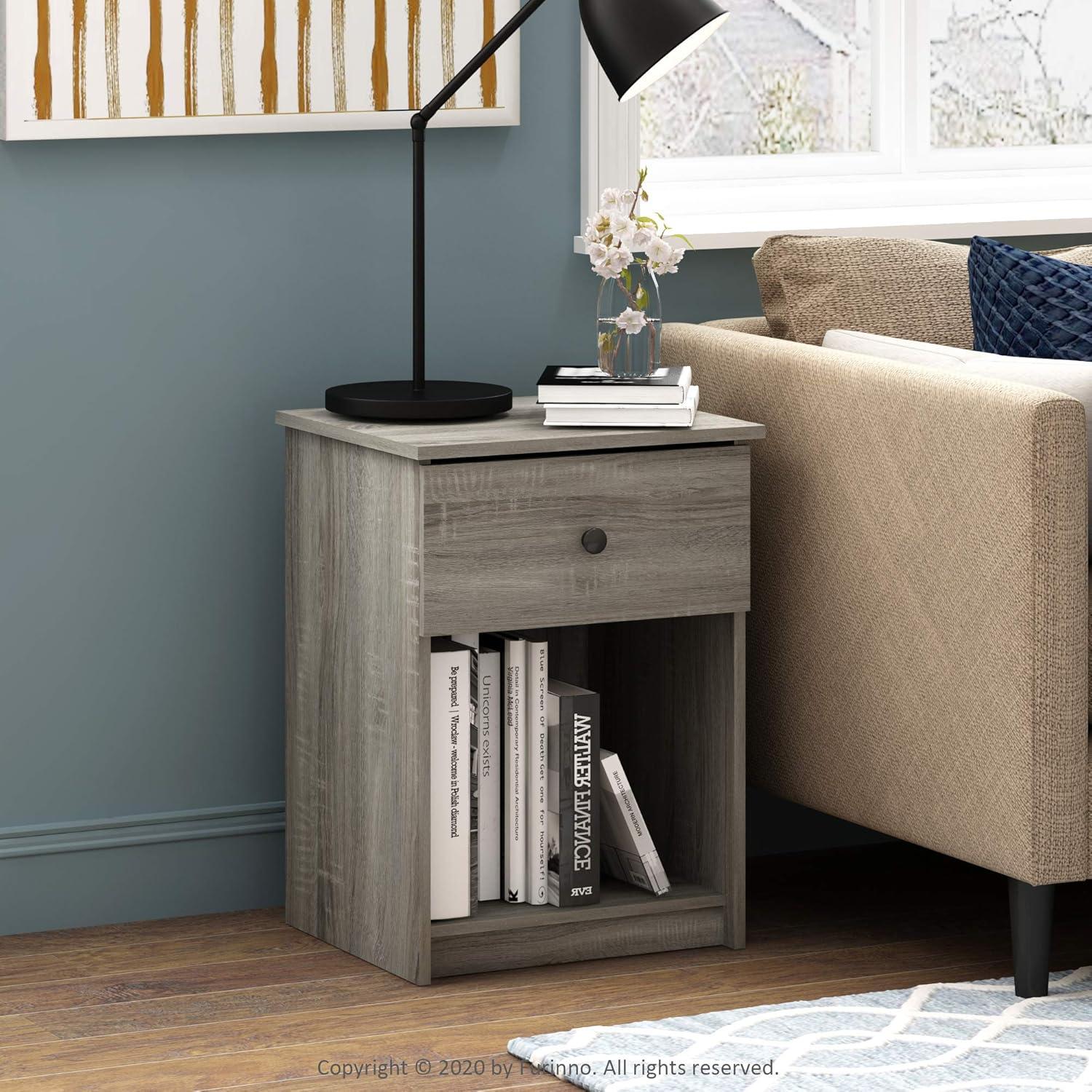 French Oak Grey Engineered Wood Nightstand with Black Knob