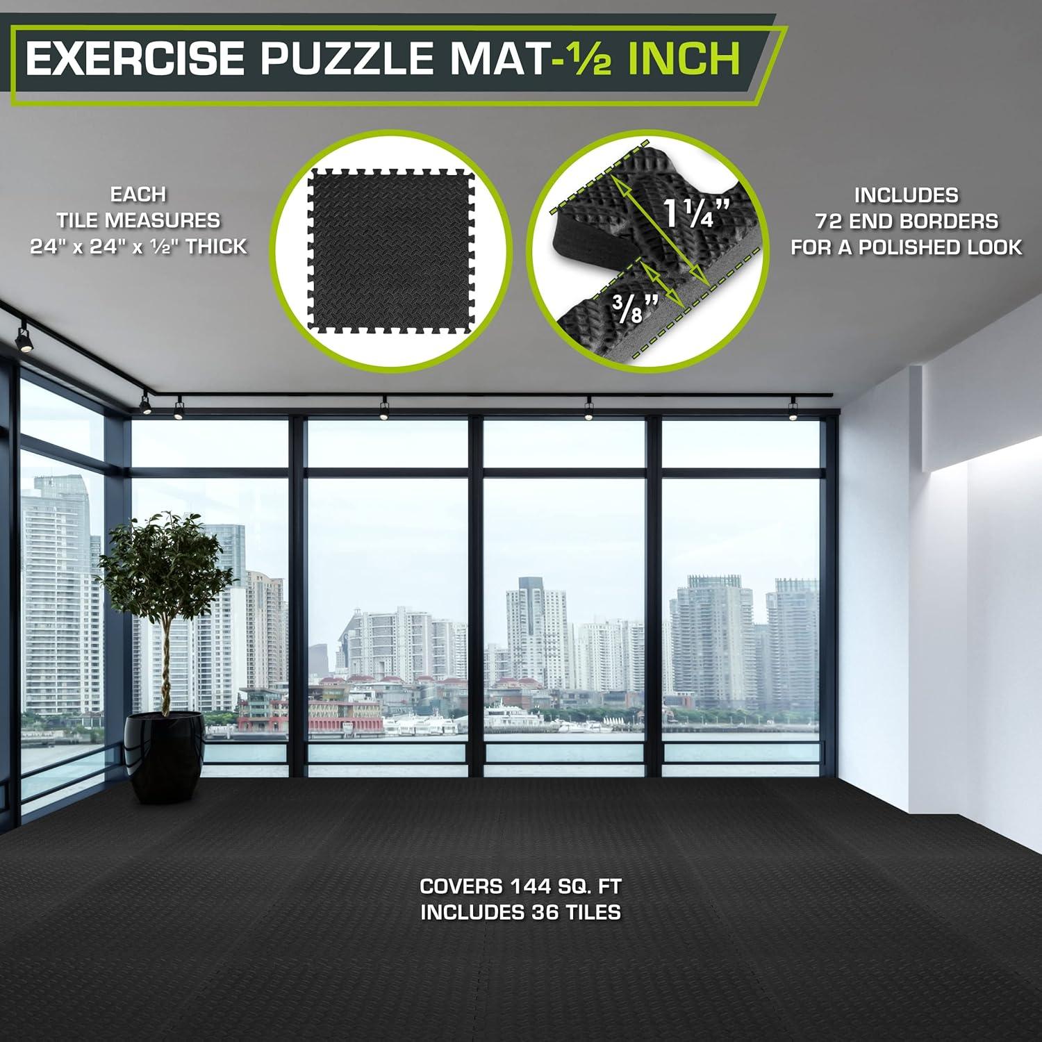 Exercise Puzzle Mat 1/2-in, Black, 24 Sq Ft - 6 Tiles