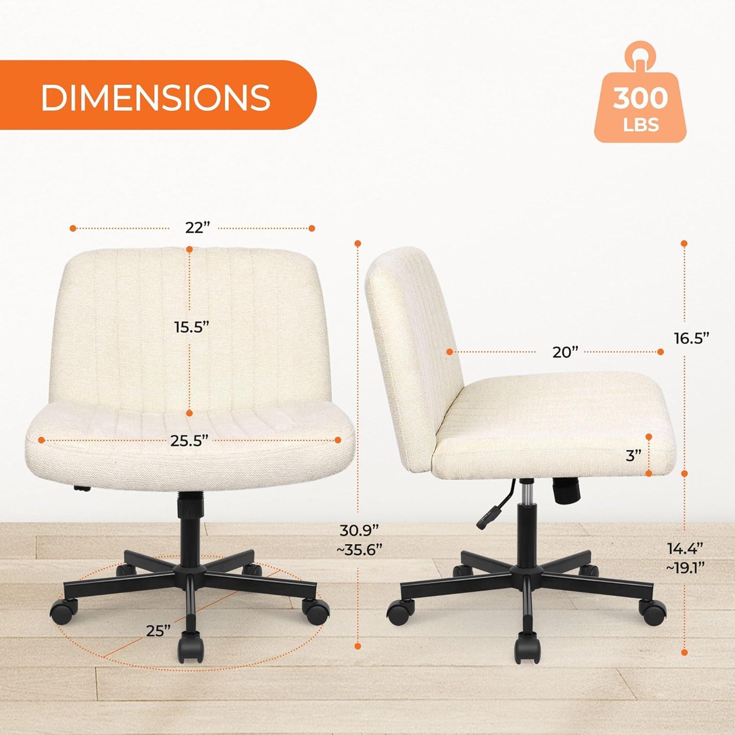 Orange Factory Beige Office Chair, Armless Criss Cross Legged Chair with Wheels, Comfy Home Office Desk Chairs, Adjustable Swivel Padded Fabric Vanity Task Computer Chair