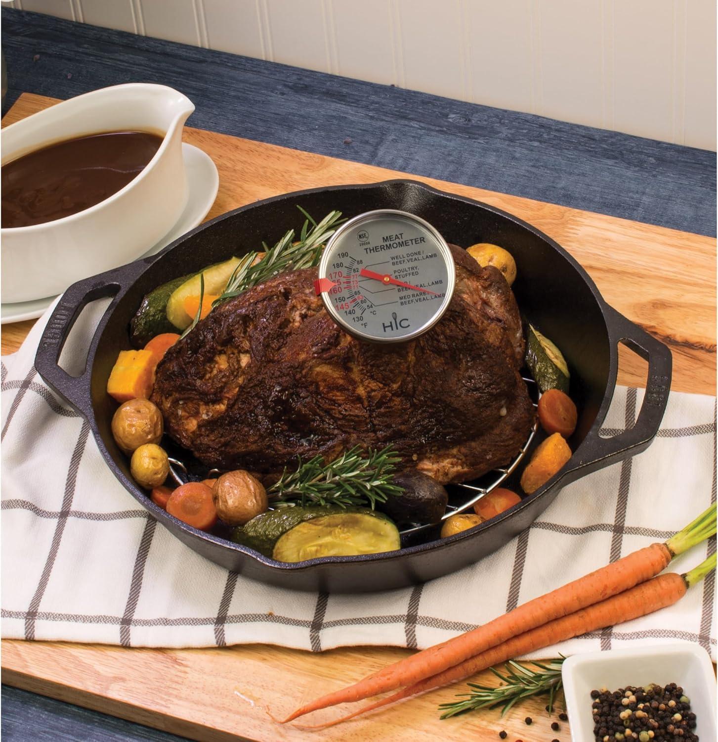 HIC Roasting Meat Thermometer, Oven Safe, Large 3-Inch Easy-Read Face, Stainless Steel Stem and Housing