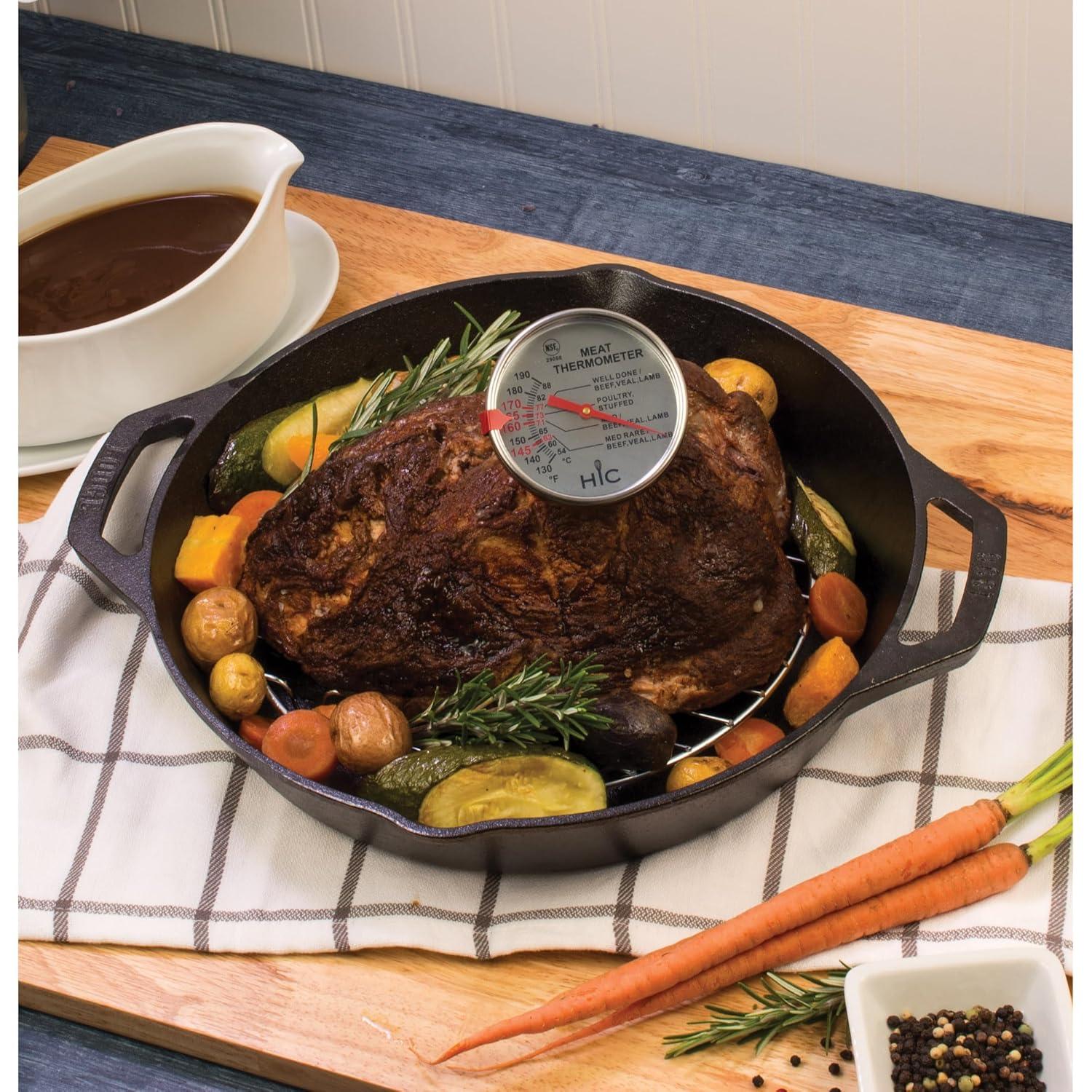 HIC Roasting Meat Thermometer, Oven Safe, Large 3-Inch Easy-Read Face, Stainless Steel Stem and Housing