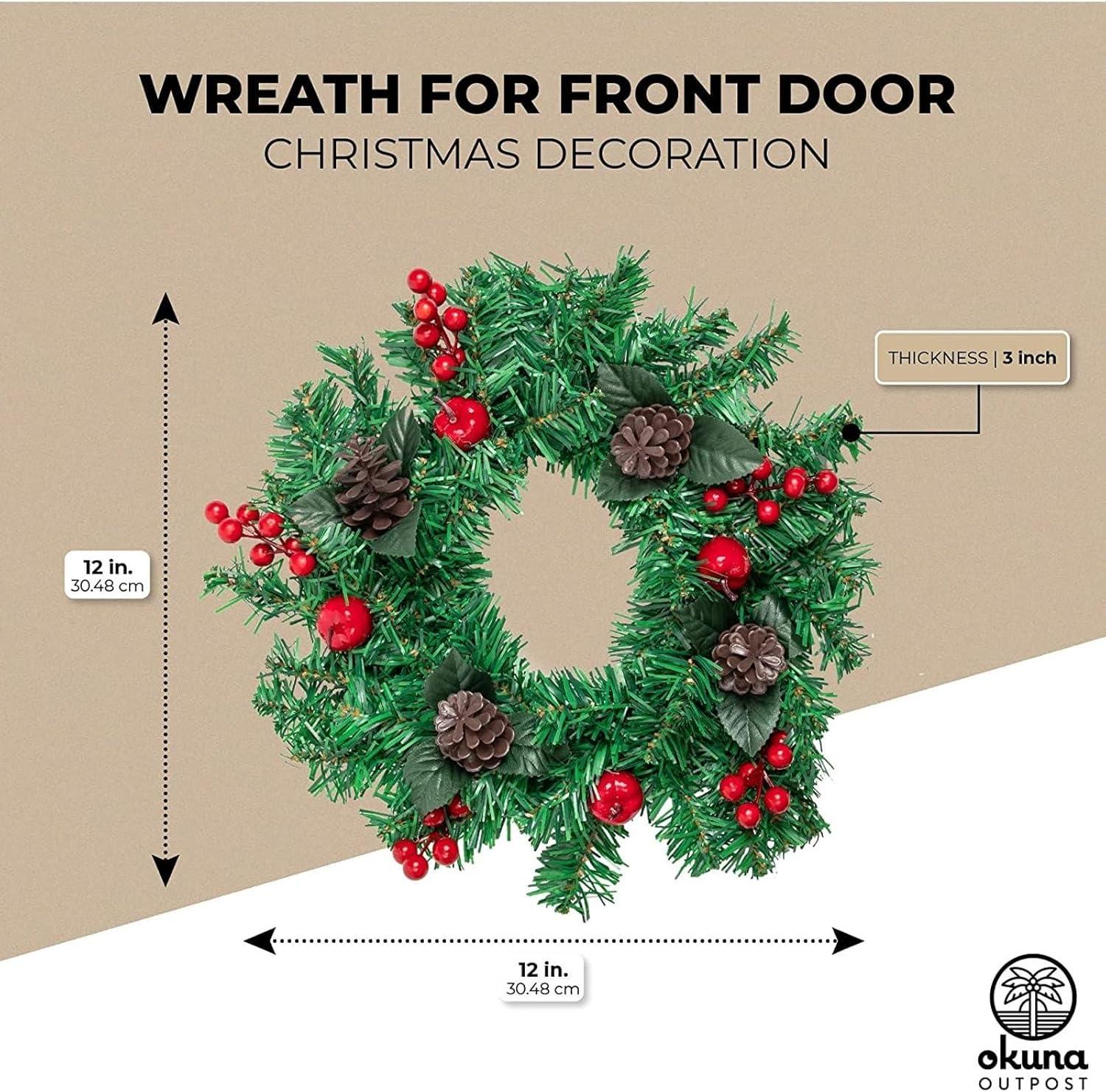 Okuna Outpost 12" Christmas Wreath - Artificial Pine Front Door Ornament Decoration
