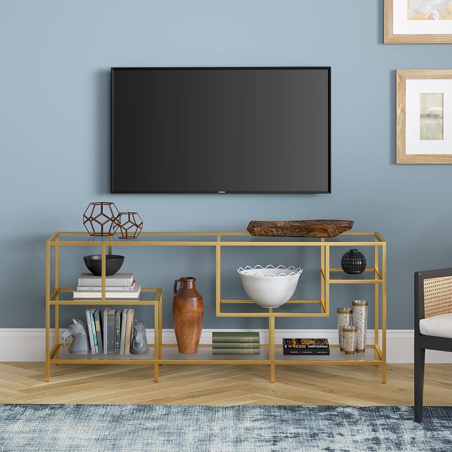 Evelyn&Zoe Deveraux Rectangular TV Stand with Glass Shelves for TV's up to 65", Brass