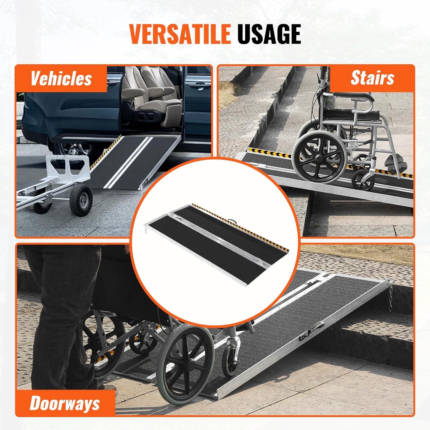 VEVOR Portable Wheelchair Ramp - 6 ft, 800 lbs Capacity, Non-Slip Aluminum, Folding Threshold Design, Suitable for Mobility Scooters, Home Steps, Stairs, Doorways, Curbs