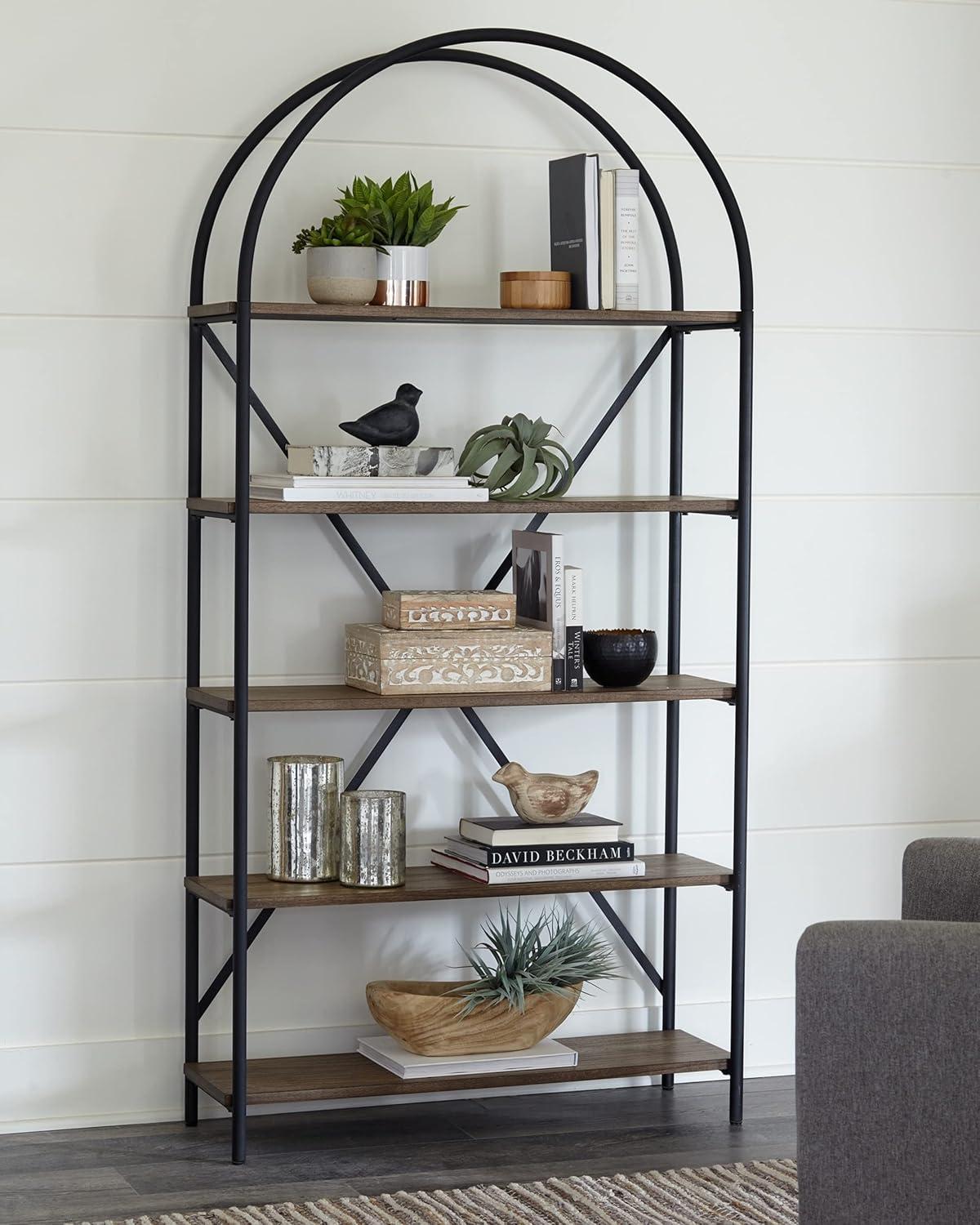 Signature Design by Ashley 72.38" Galtbury Bookcase - Black/Brown: Industrial Style, 5-Tier Ladder Shelf, Metal Frame