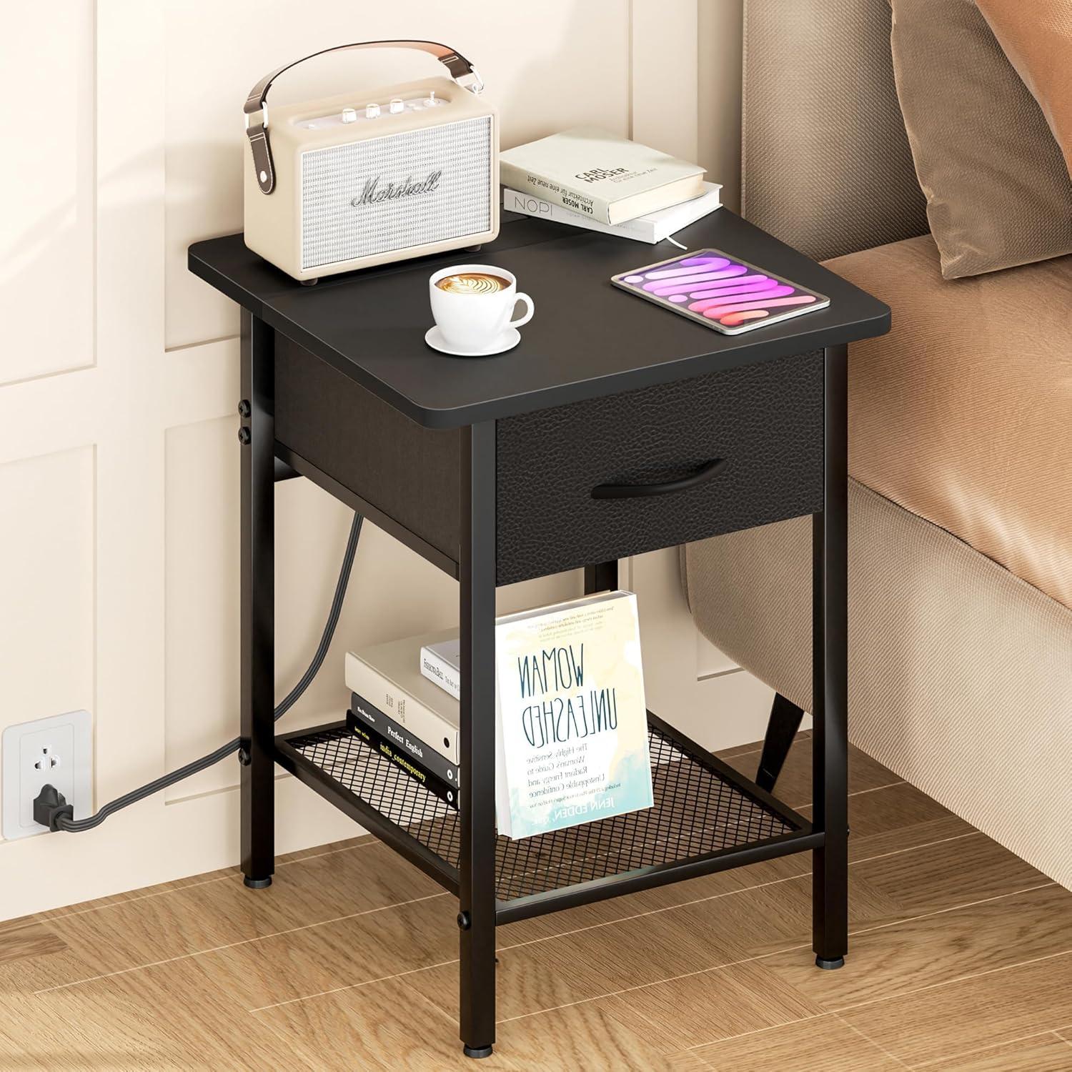 17 Stories Nightstands Set Of 2 With Charging Station And Fabric Storage Drawer,16.5" X 15.8" Side Table With Storage For Bedroom, Bedside Tables With Steel Fram