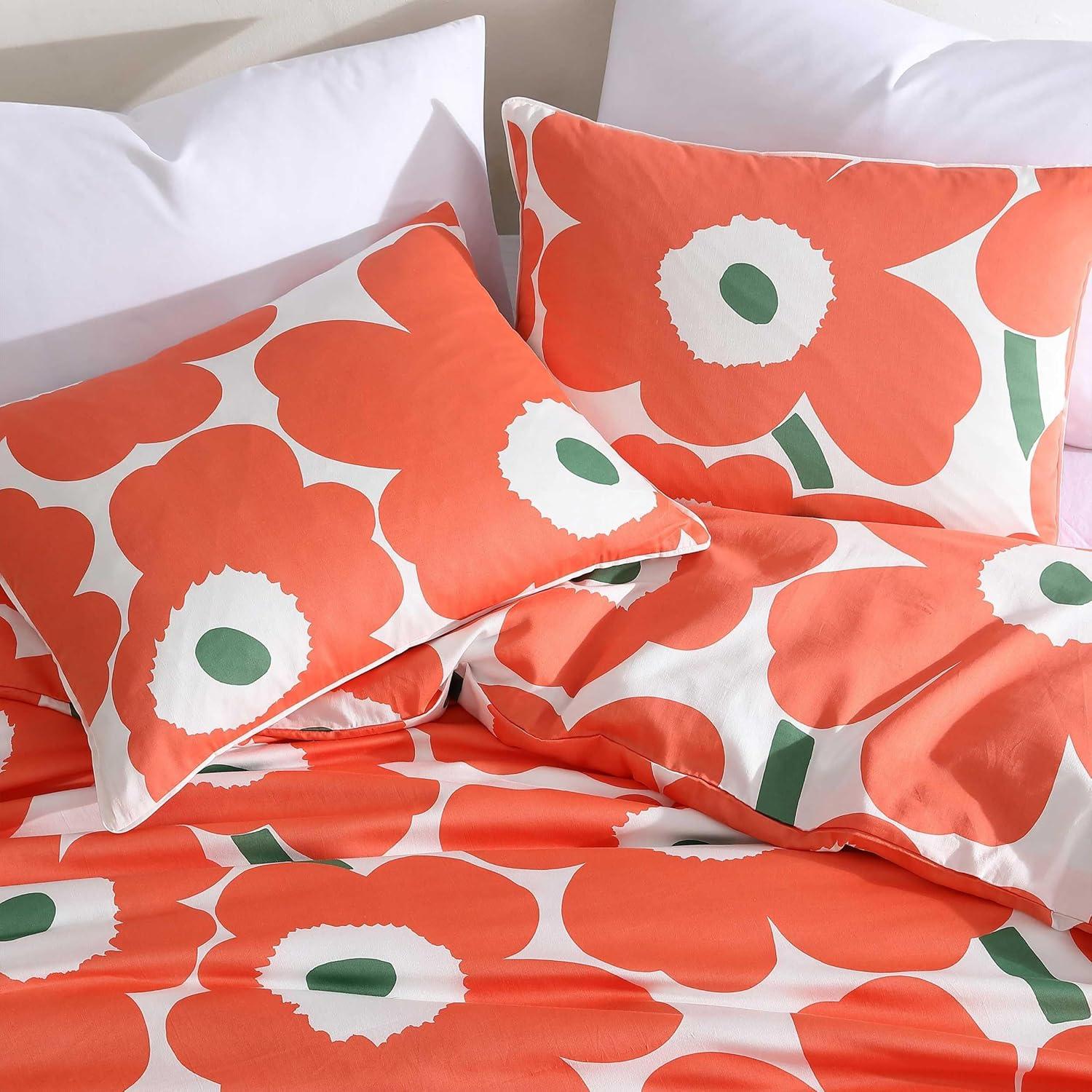 Unikko Orange and White Organic Cotton Queen Duvet Cover Set