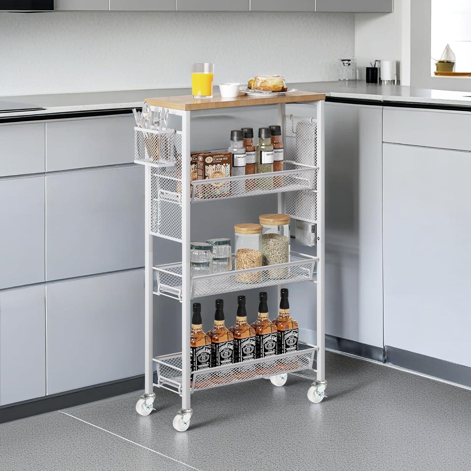 DWVO 4-Tier Slim Rolling Cart on Wheels, 34" Wooden Tabletop Kitchen Storage Organizer Cart with Wire Mesh Baskets, Slide-Out Storage Cart for Kitchen, Bathroom Living Room (White)