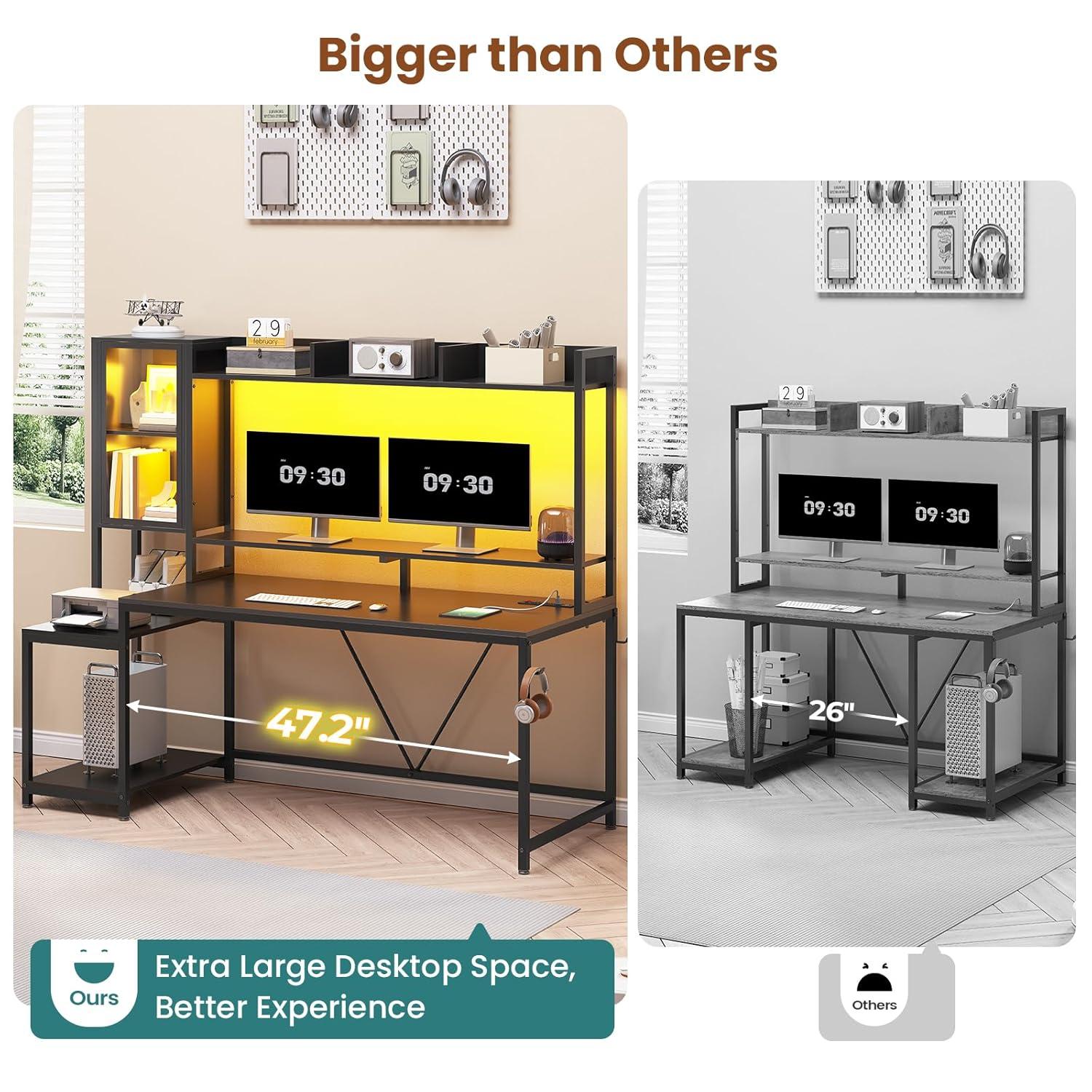 Afuhokles Computer Desk with Hutch and Charging Station, Gaming Desk with LED Light, Monitor Stand, Glass Display Cabinet, Black