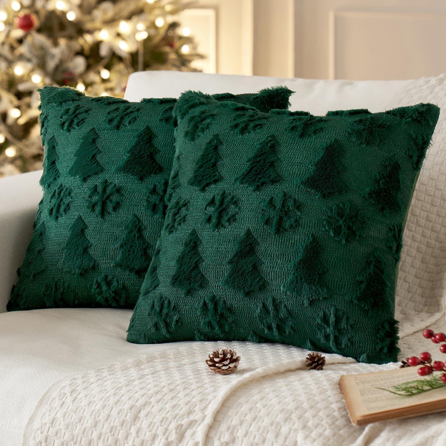 Dark Green Polyester Euro Christmas Tree Pillow Covers, 18x18 Inch, Set of 2