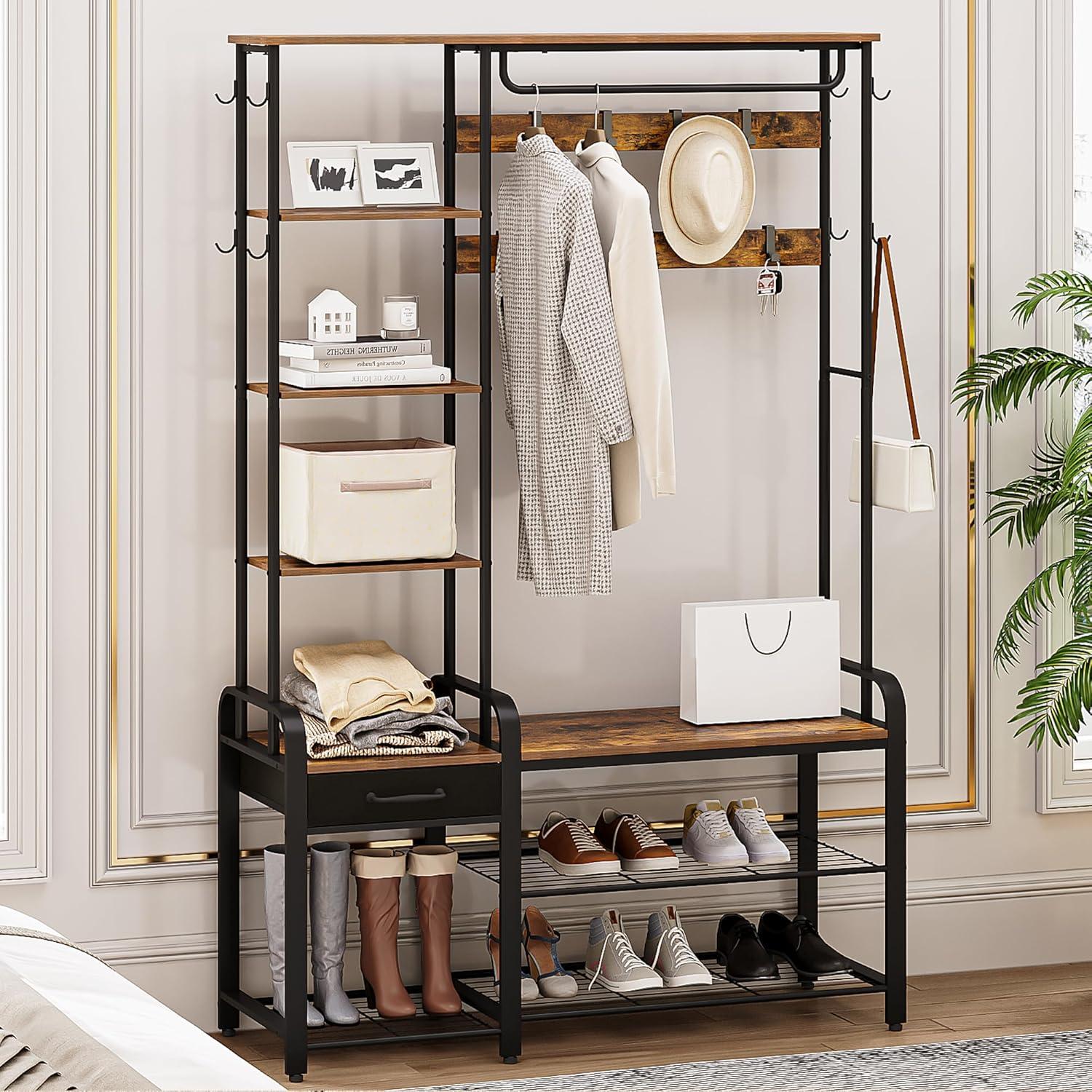 Hall Tree, Coat Rack With 3-Tier Storage Bench And 1 Drawer, 5-In-1 Entryway Bench With 17 Hooks, 1 Hanging Rod, 4-Tier Side Shelves, (Rustic Brown)