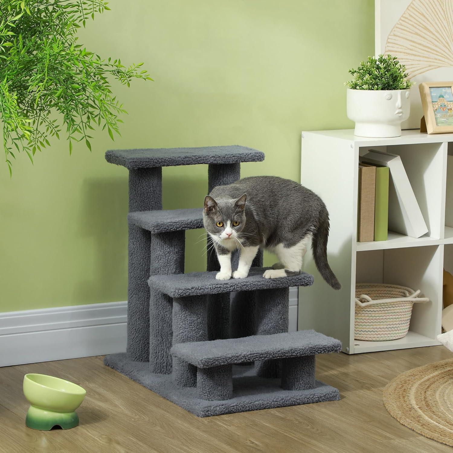 Grey Multi-Level Carpeted Cat Scratching Post with Steps